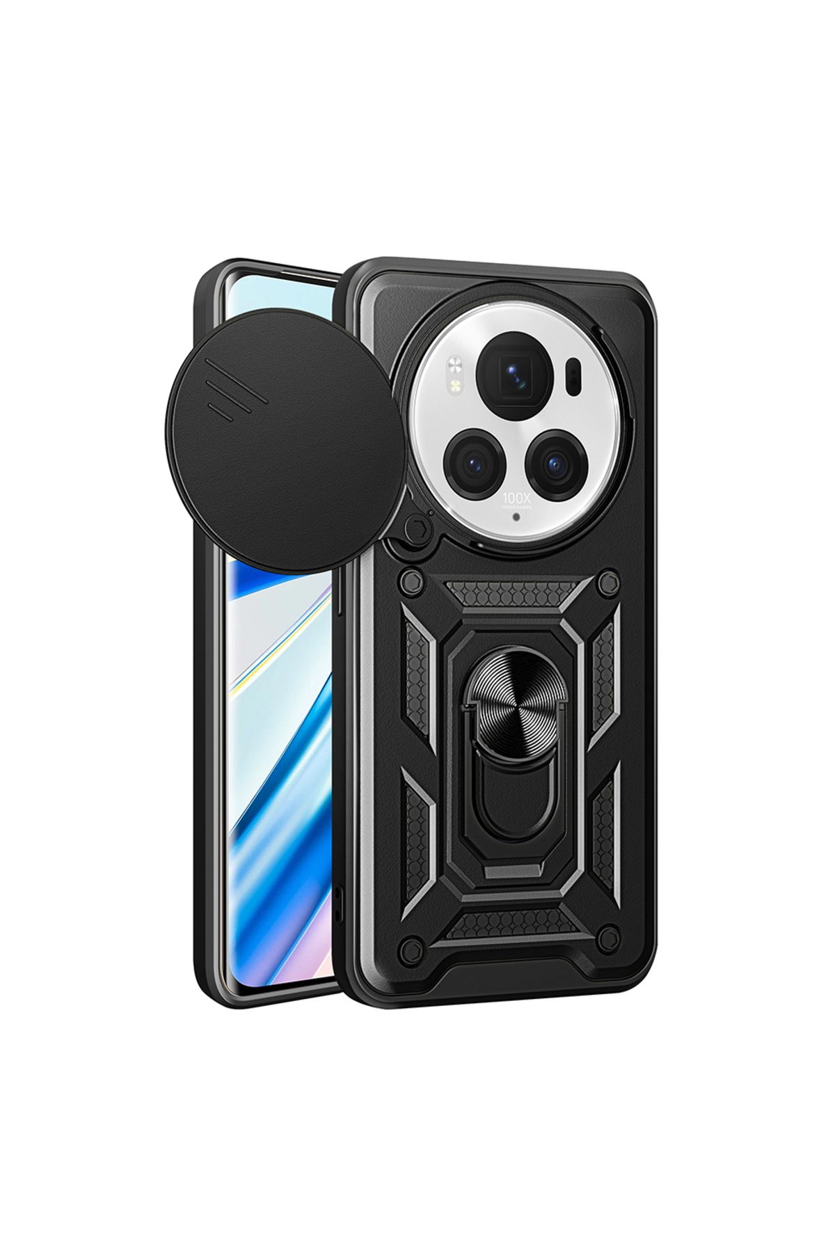 System Com Honor Magic 6 Pro Uyumlu Kılıf Magnetik Standlı Kamera Korumalı SYS Sürgülü Vega Kapak-Siyah