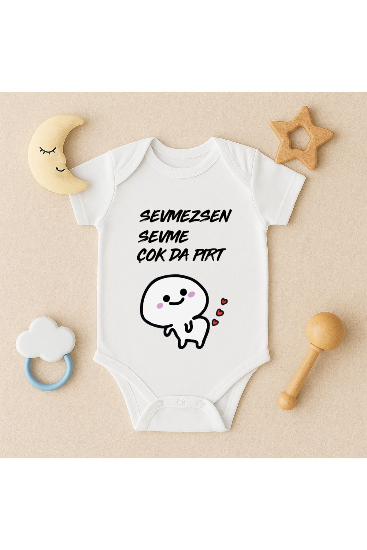 Magic Bravo %100 Pamuk Sevmezsen Sevme Baskılı Beyaz Bebek Çıtçıtlı Badi Zıbın Body
