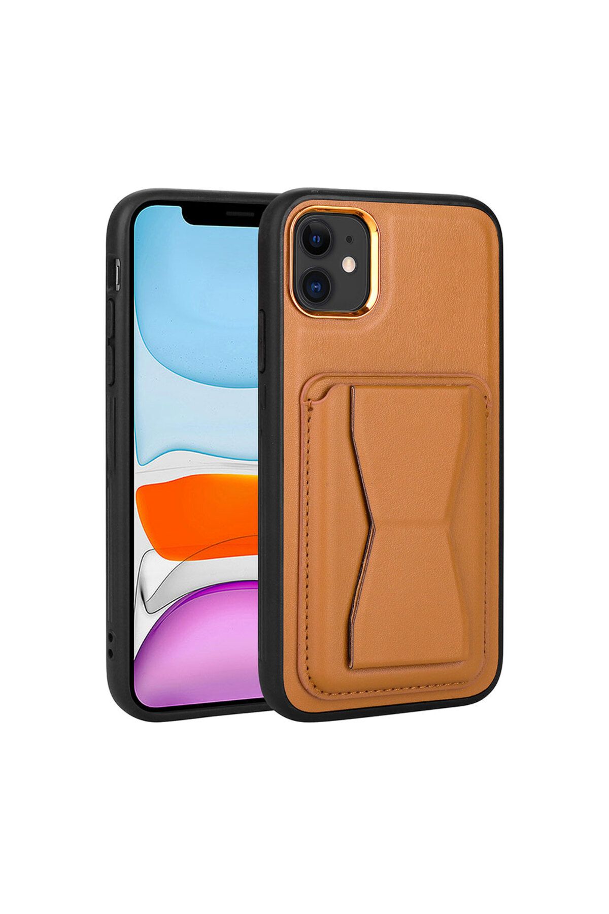 System Com iPhone 11 Uyumlu Kartlıklı Standlı Pu Deri SYS Memo Kılıf-Kahve Açık