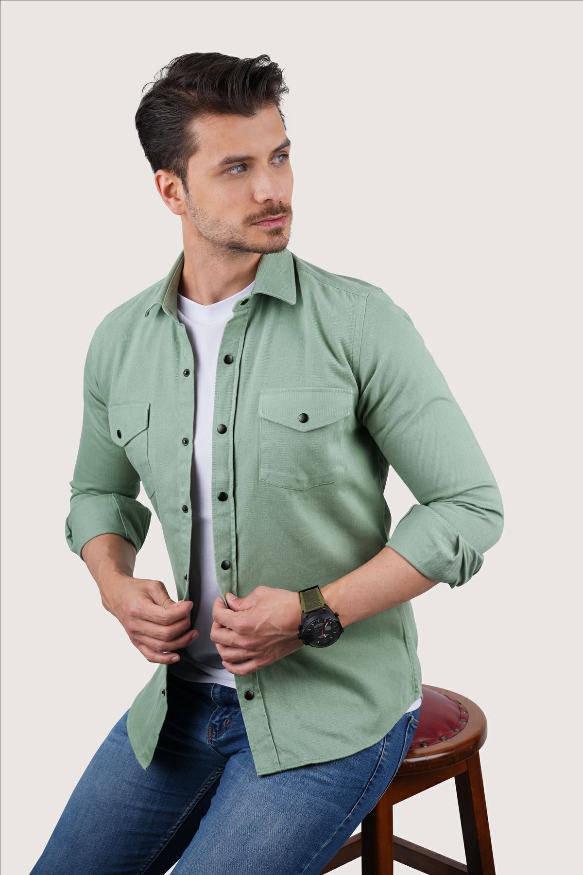 Etikmen-Aqua Green Slimfit Real Jeans Herrenhemd 3