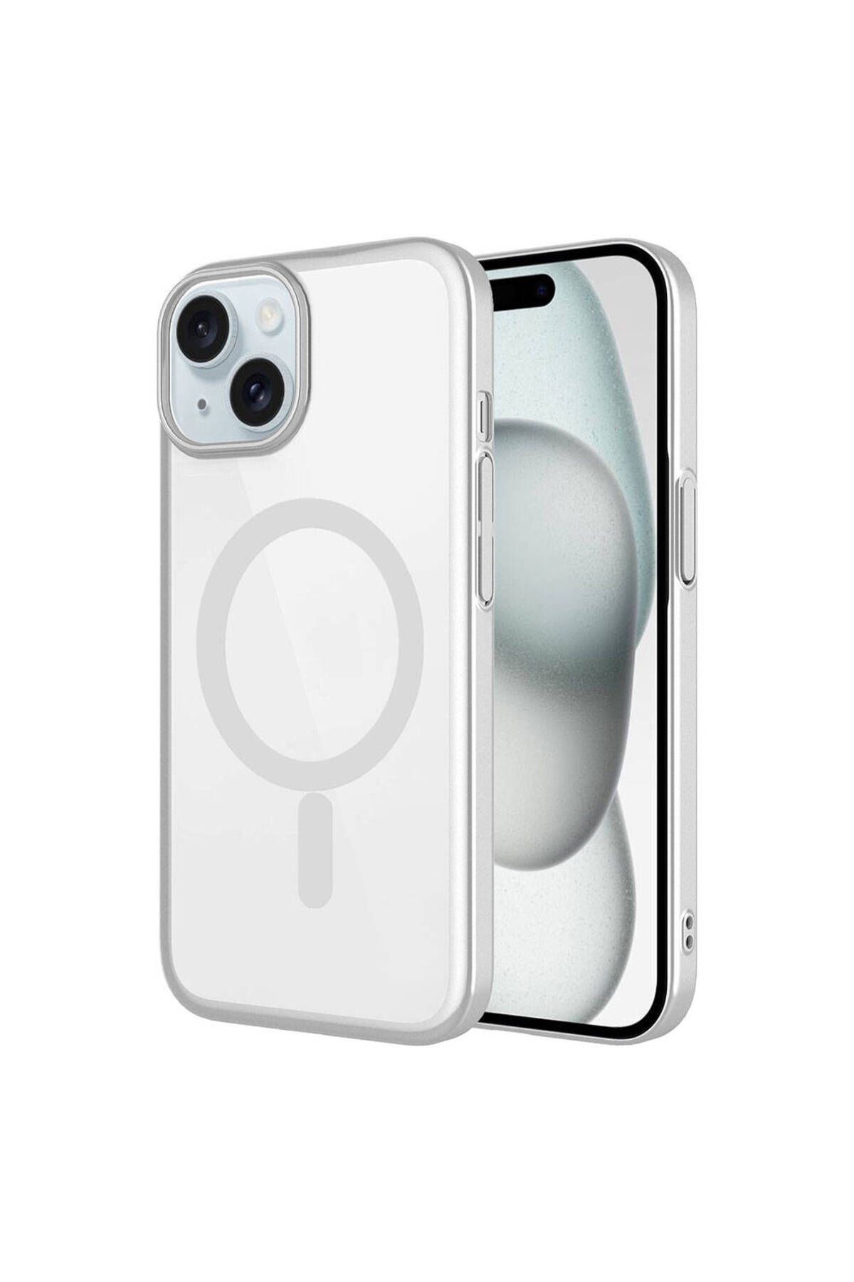 System Com iPhone 15 Plus Uyumlu Wireless Şarj Özellikli Sert PC SYS Mat Riksos Magsafe Kılıf-Gümüş