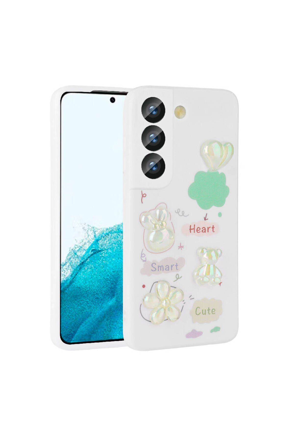 System Com Galaxy S21 FE Uyumlu Kabartma Figürlü Parlak SYS Toys Silikon Kılıf-Beyaz