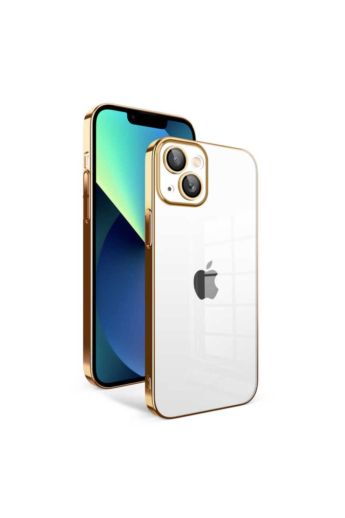 System Com iPhone 13 Uyumlu Kamera Korumalı Renkli Çerçeveli SYS Garaj Kılıf-Gold