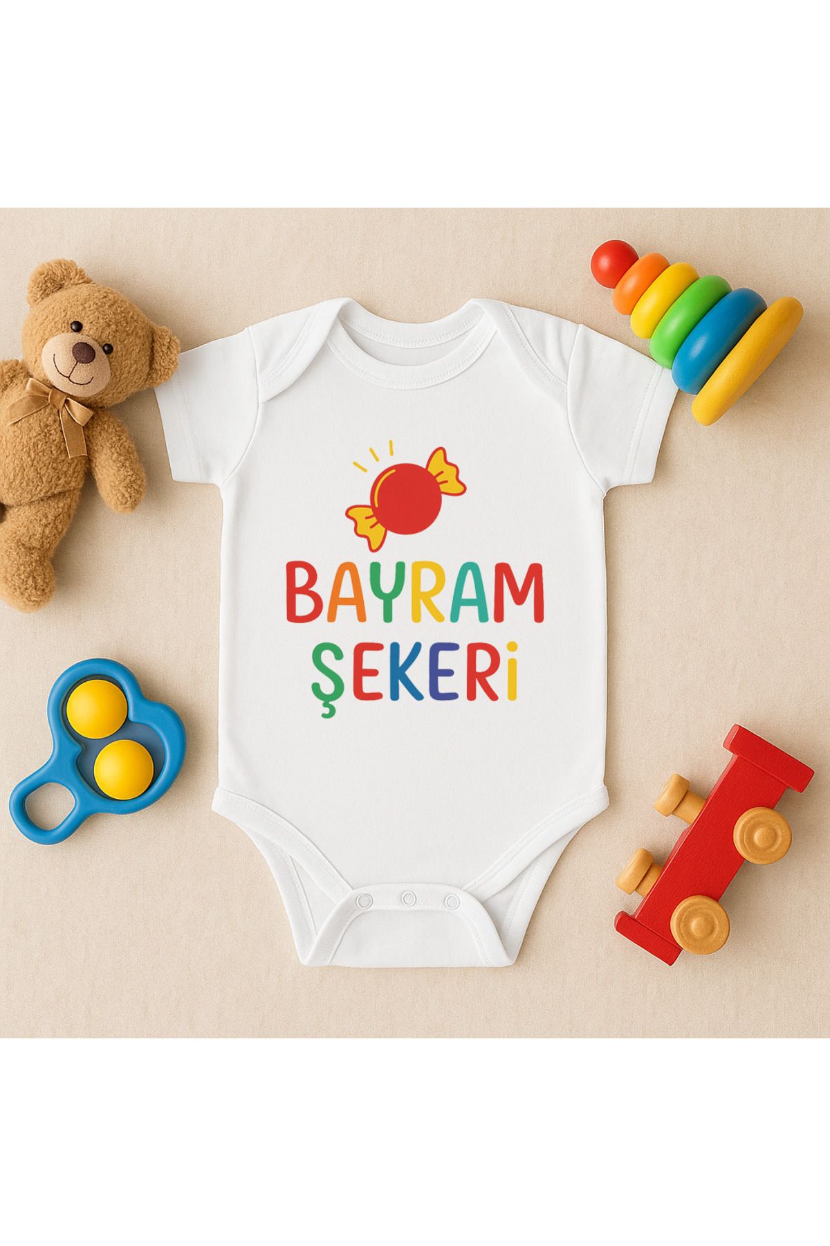 Magic Bravo %100 Pamuk Bayram Şekeri Baskılı Beyaz Bebek Çıtçıtlı Badi Zıbın Body