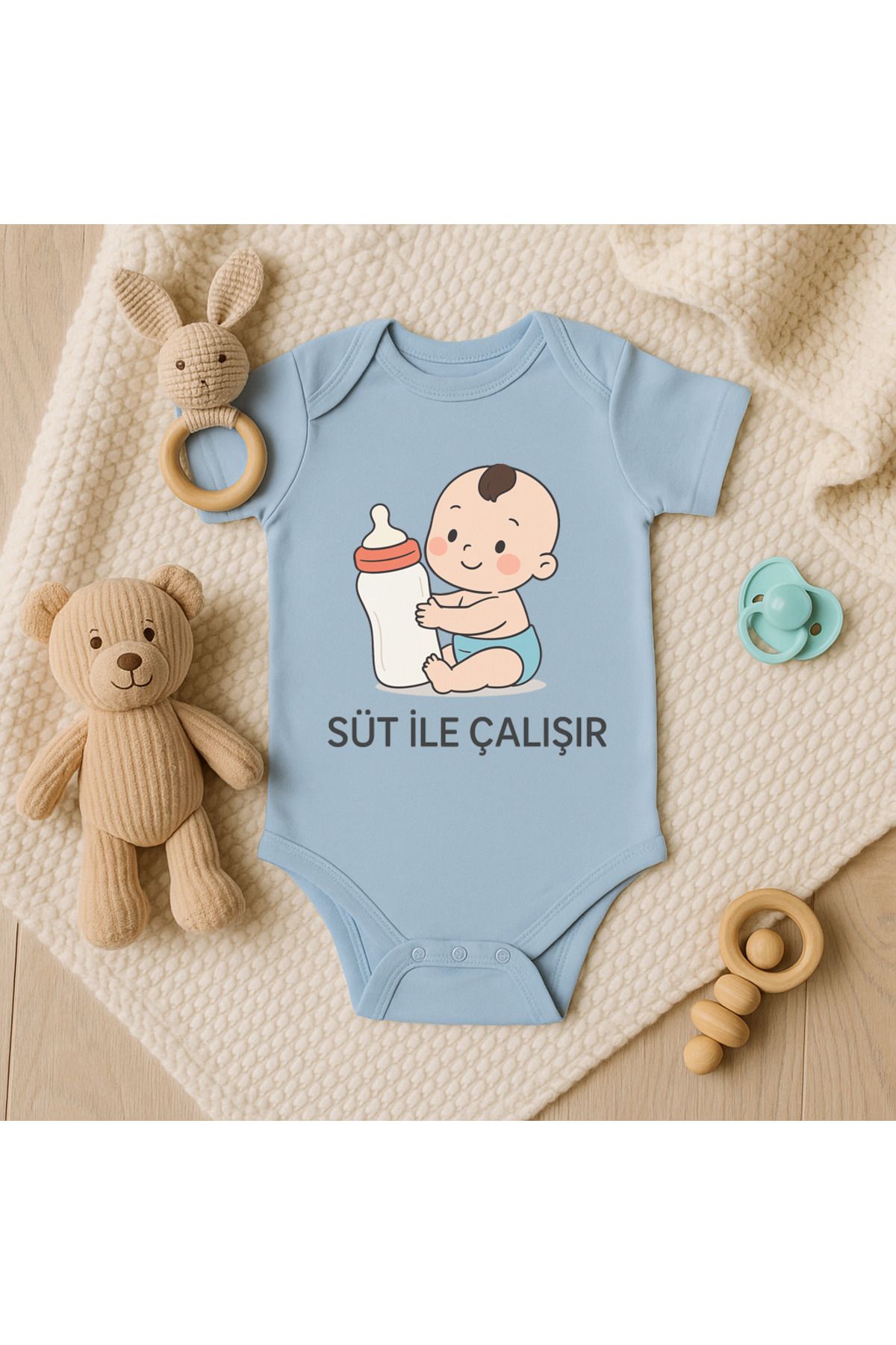 Magic Bravo %100 Pamuk Süt İle Çalışır Baskılı Mavi Bebek Çıtçıtlı Badi Zıbın Body
