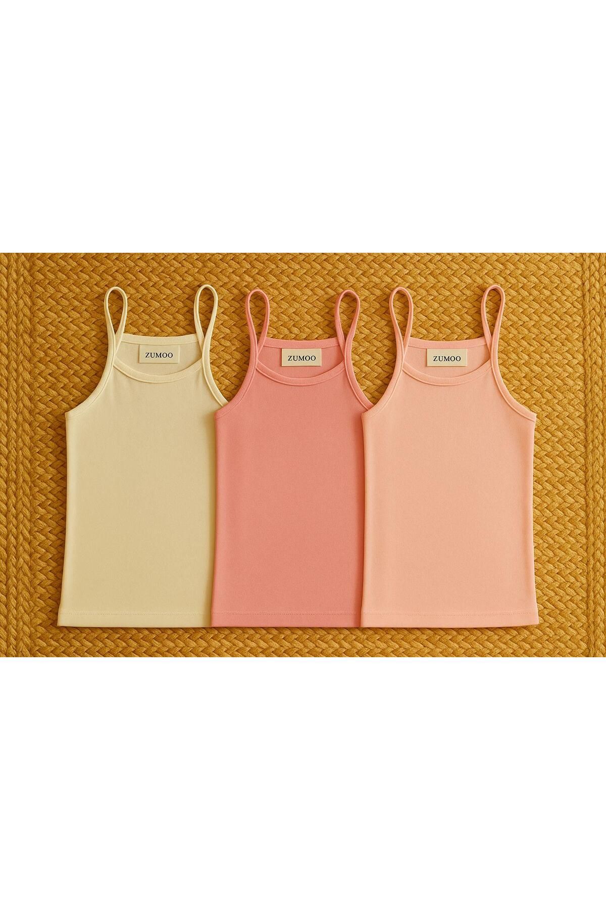 MODA Zumoo 3'lü Kadın Askılı Atlet Seti - Krem / Açık Pembe / Koyu Pembe - L Beden