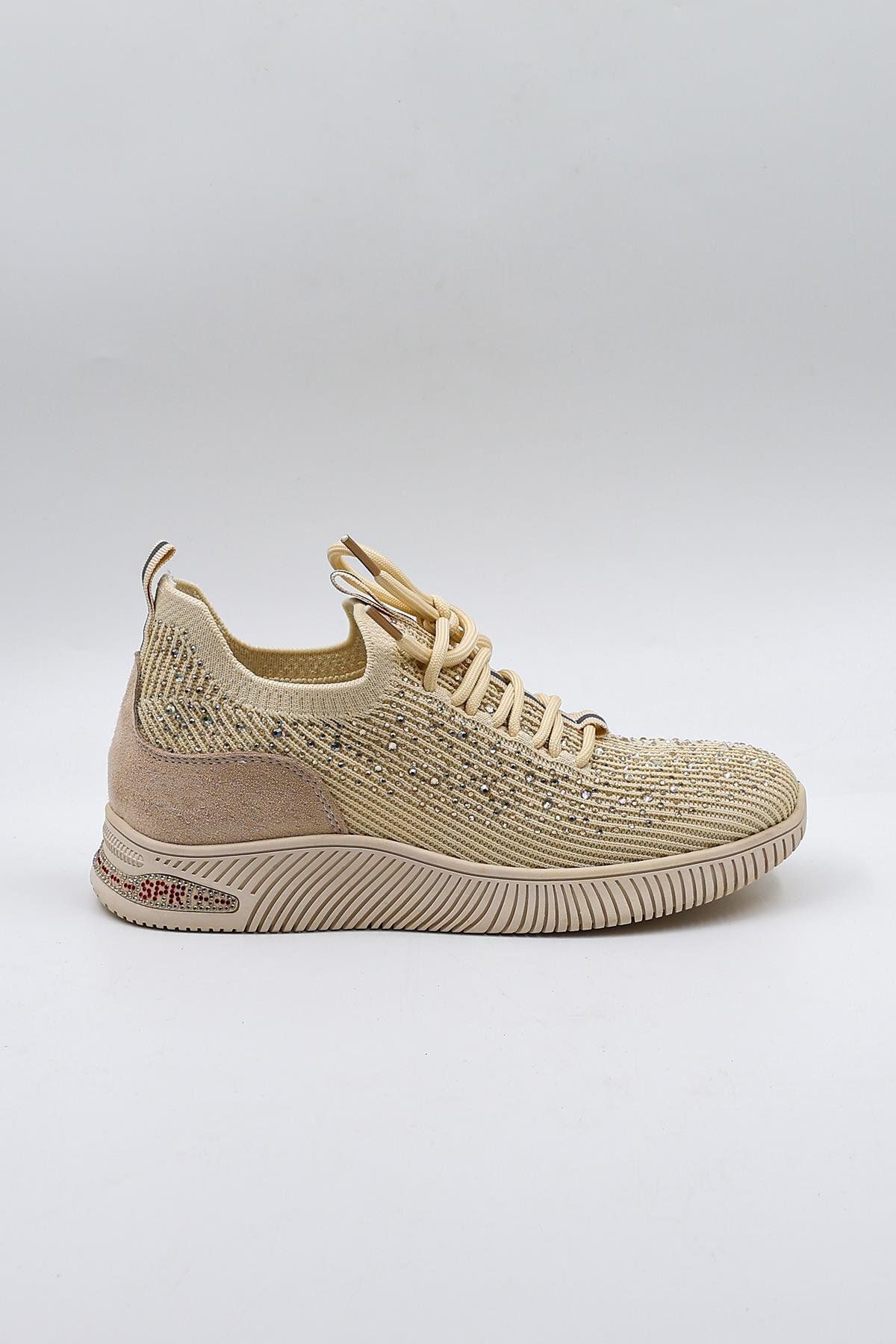 KRISTE BELL Taş Detaylı Triko Ithal Kadın Sneakers Spor Ayakkabı Kb0001 Bej