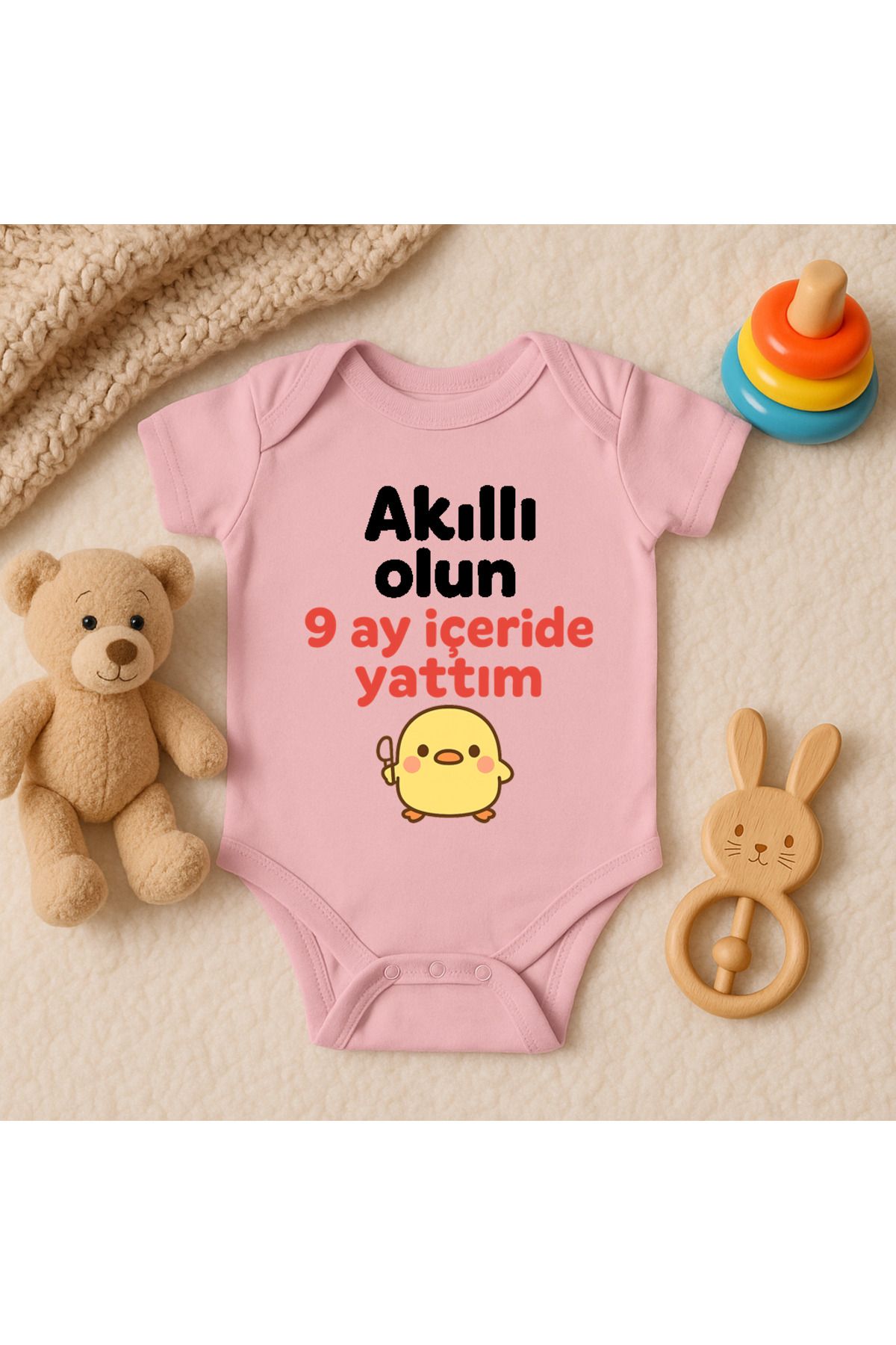 Magic Bravo %100 Pamuk 9 Ay İçerde Yattım Baskılı Pembe Bebek Çıtçıtlı Badi Zıbın Body
