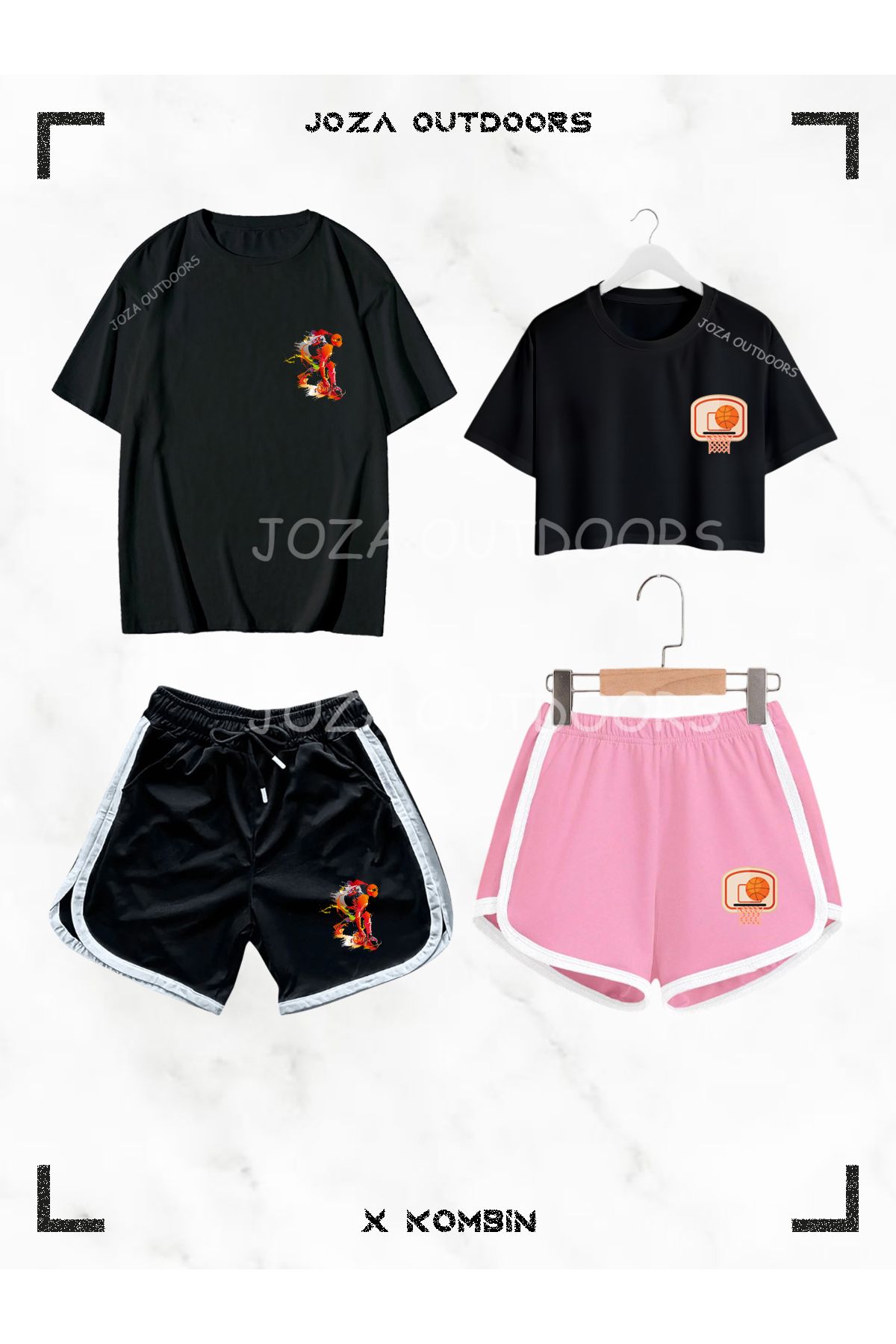 Joza Outdoors Kadın Erkek Basket Topu Basket Potası Baskılı Sevgili Çift Kombini Oversize Tshirt Şort 4lü Set