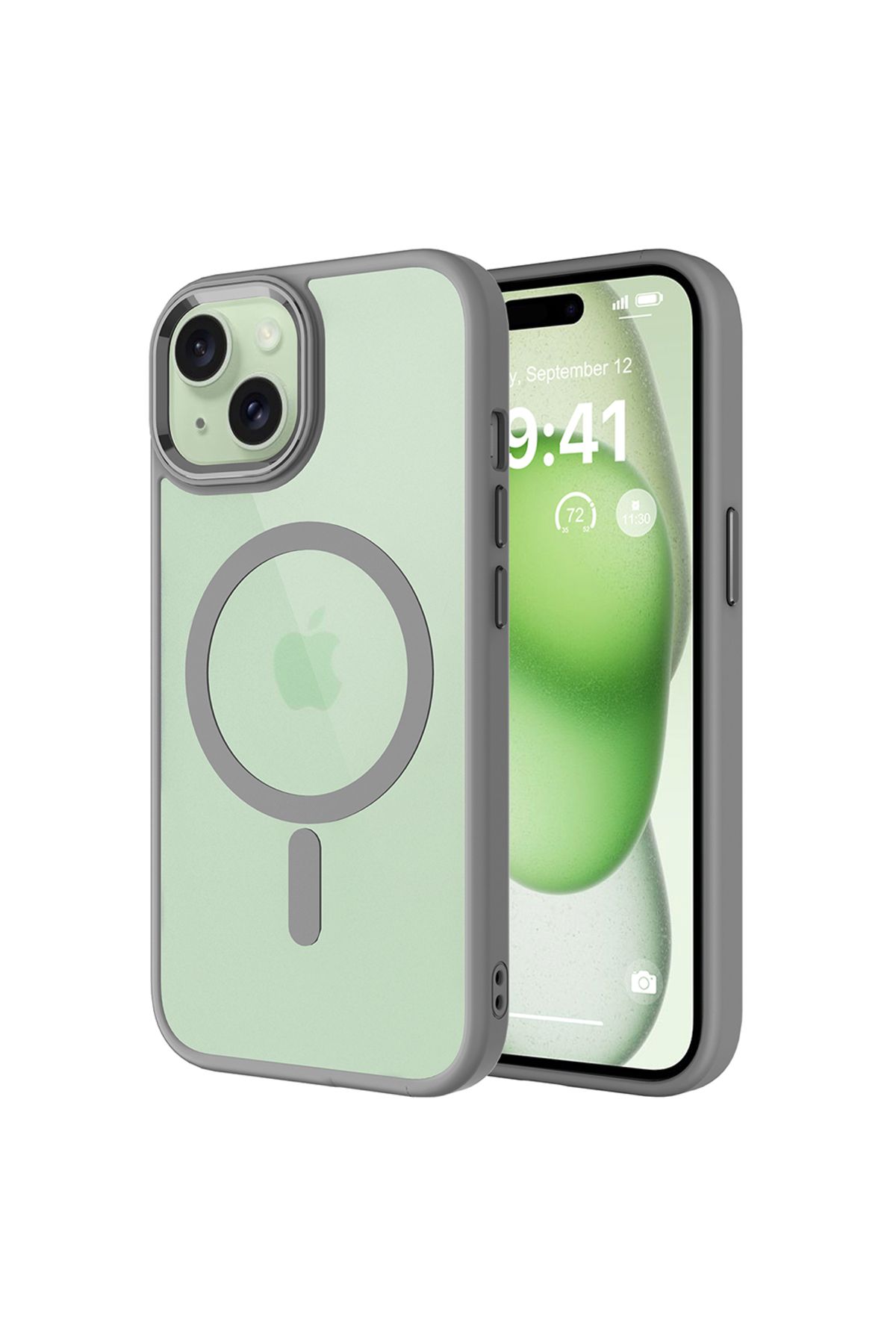 System Com iPhone 15 Kılıf Wireless Şarj Özellikli SYS Krom Magsafe Silikon Kapak - Gri