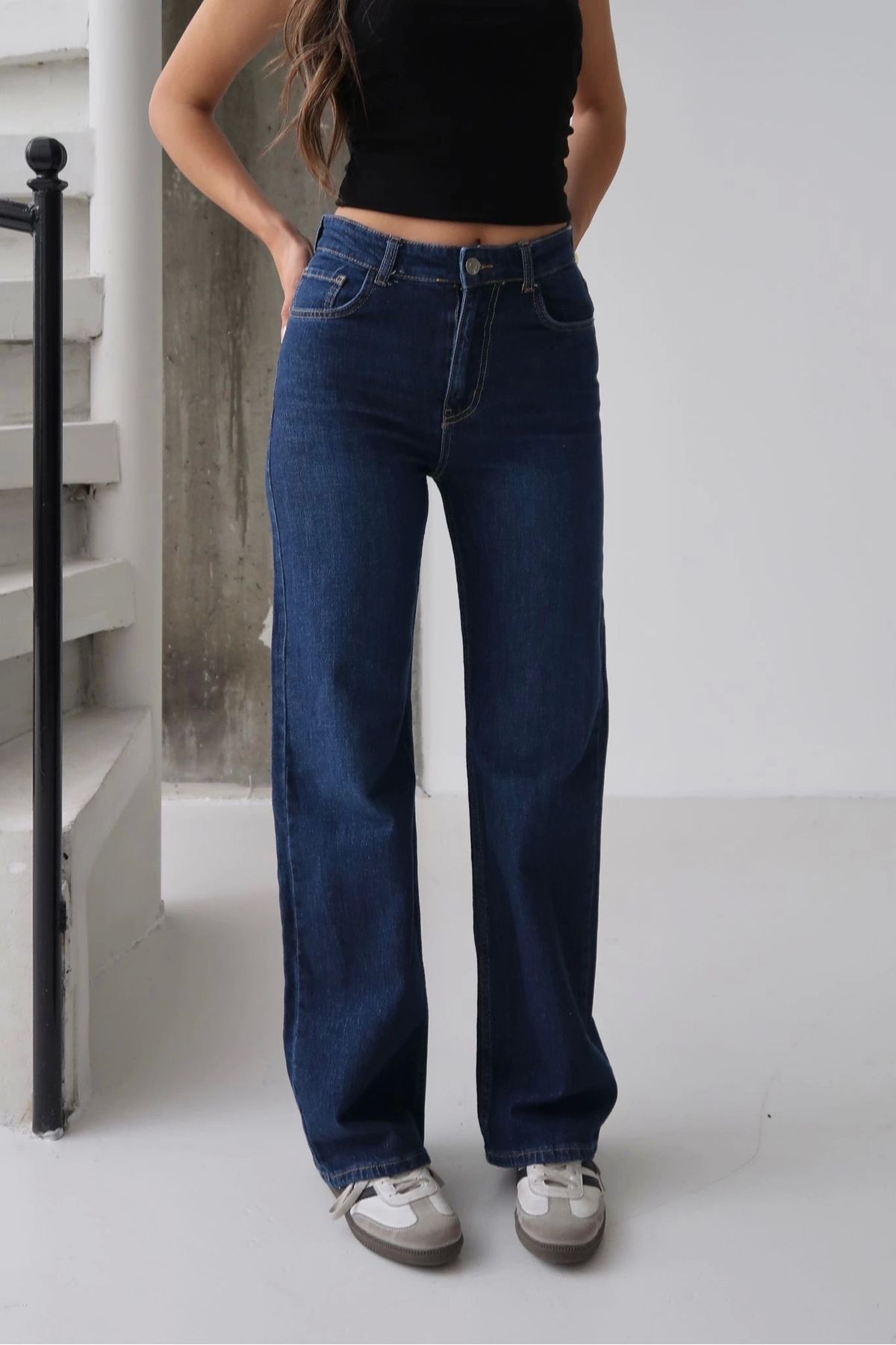 Tam12den Home Kadın Geniş Bol Paça Regular Fit Jean Kot Pantolon Lacivert