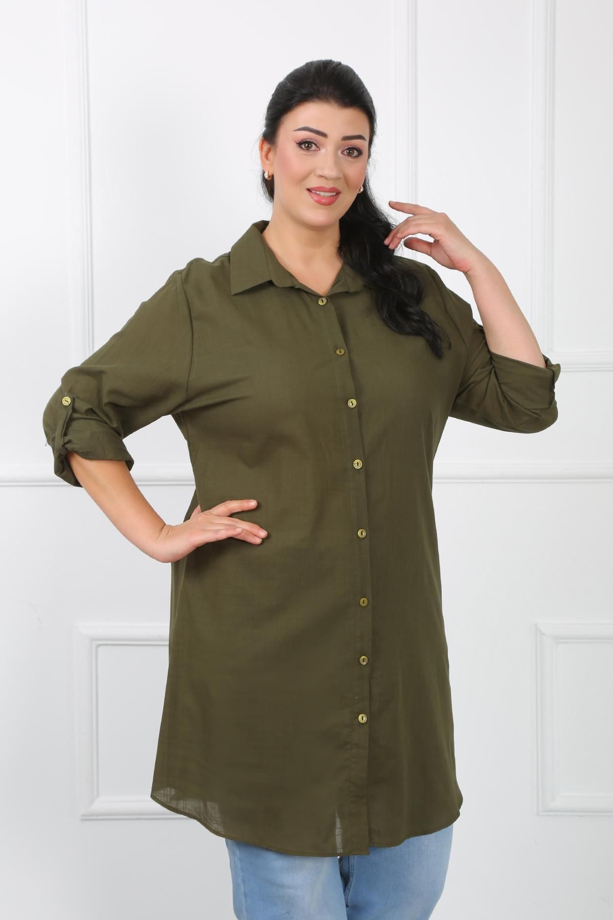 By Alba Collection Kadın Haki Keten Büyük Beden Tunik