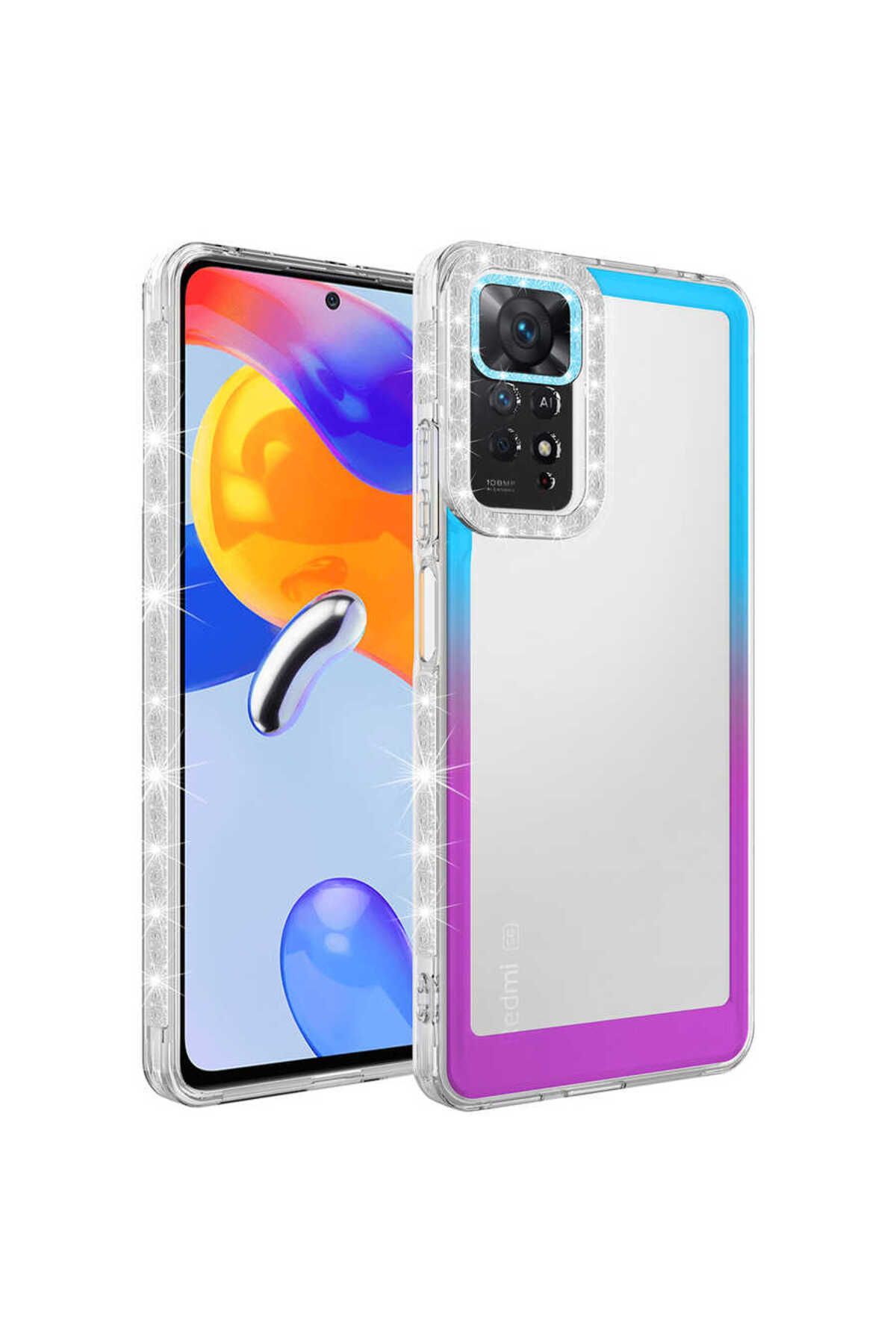 System Com Redmi Note 11S Global Kılıf Simli ve Renk Geçiş Tasarımlı Lens Korumalı SYS Park Kapak - Mavi-Mor