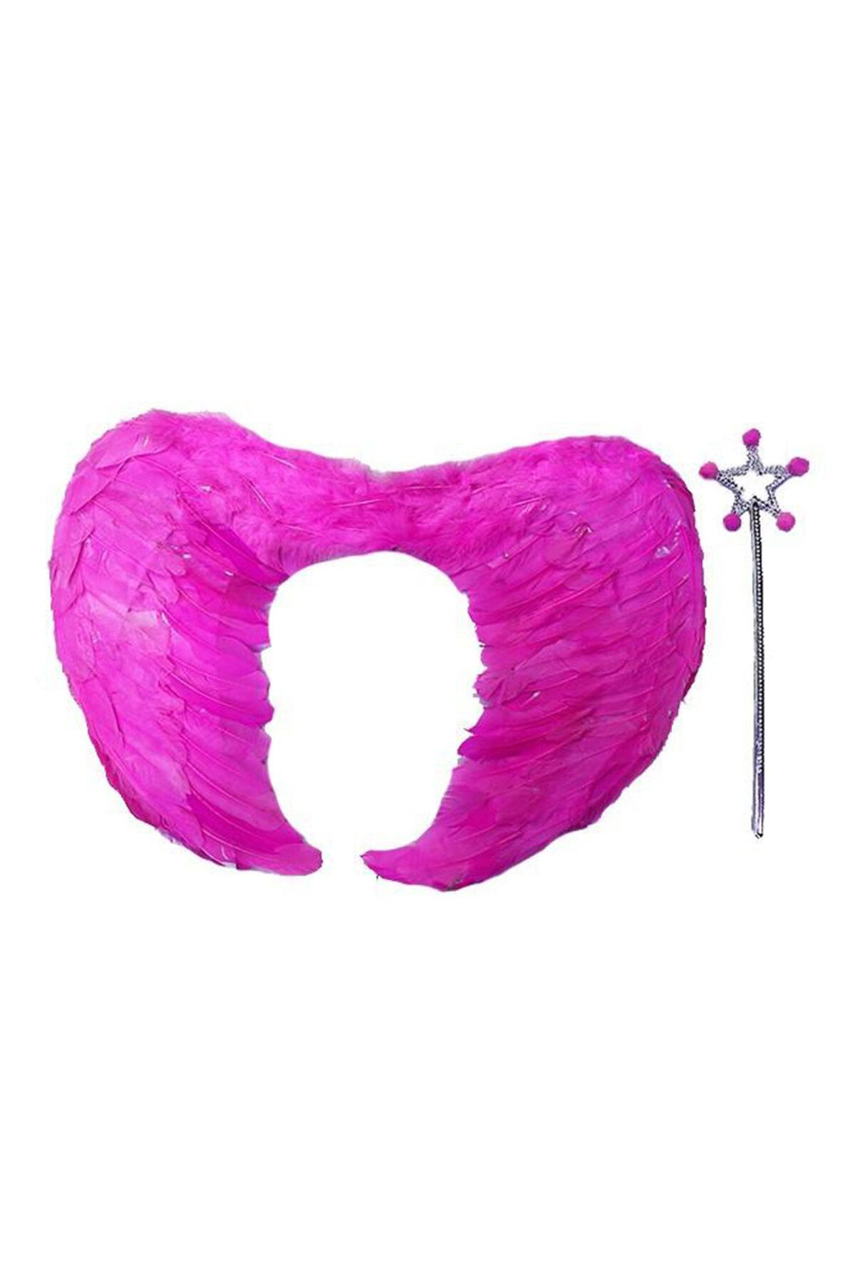 Easy Tedarik Gerçek Tüylü Katlanabilir Çocuk Pembe Melek Kanadı ve Asa Seti 40x55 cm