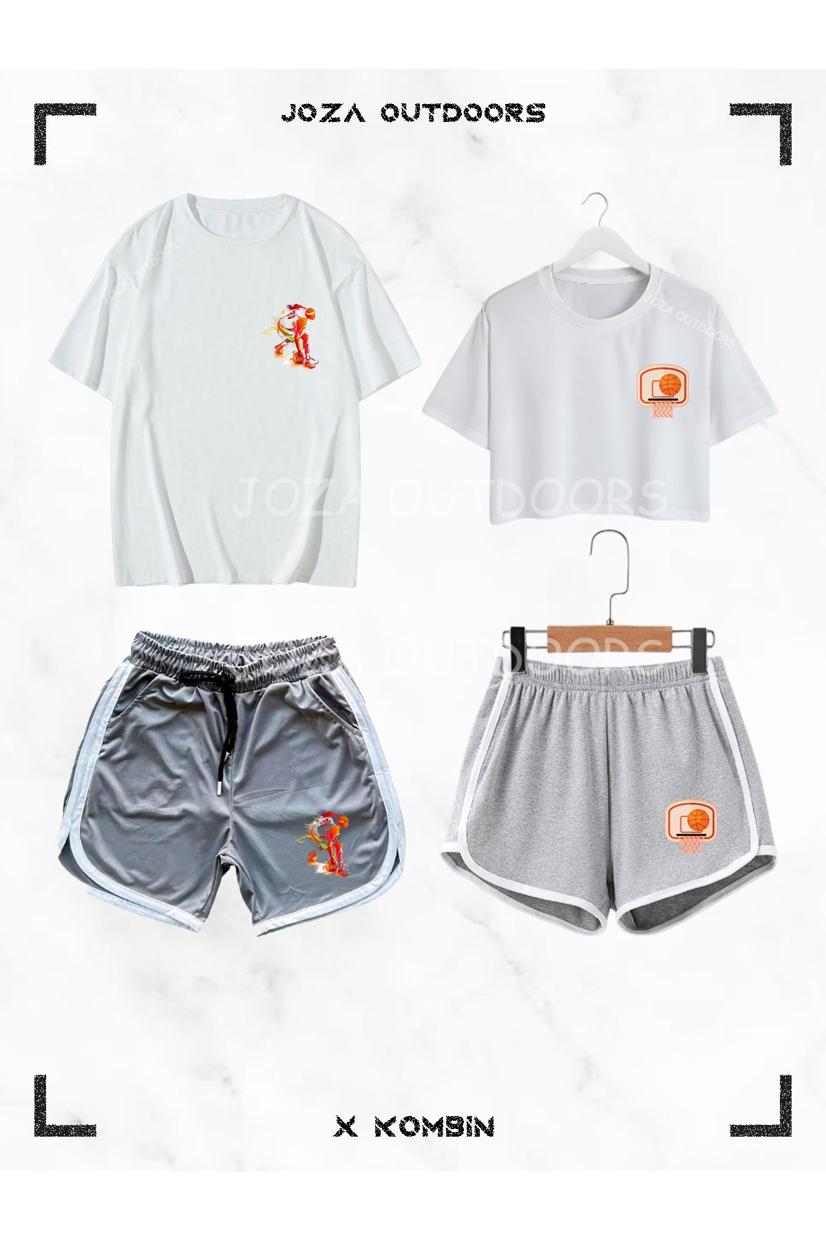 Jobia Outdoors Kadın Erkek Basket Topu Basket Potası Baskılı Sevgili Çift Kombini Oversize Tshirt Şort 4lü Set
