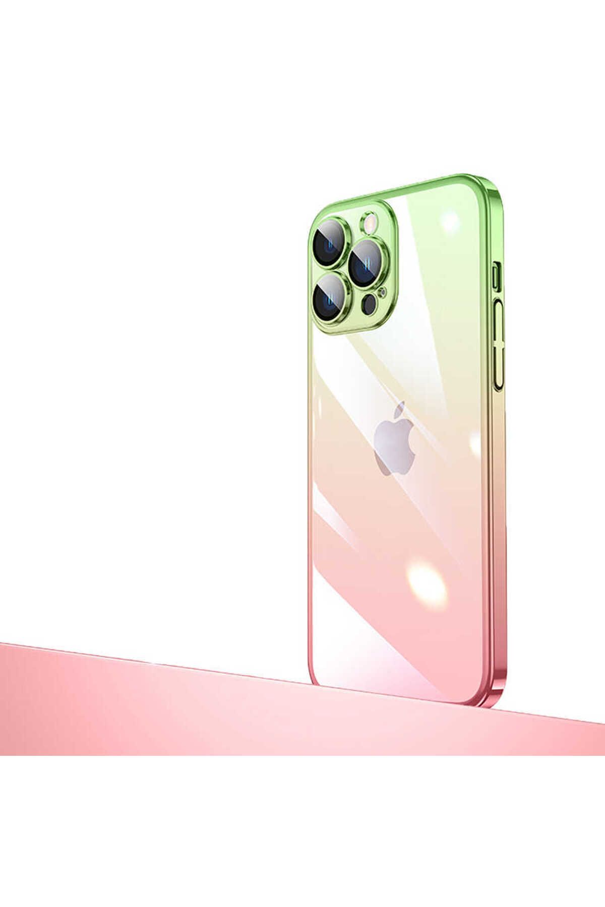 System Com iPhone 13 Pro Uyumlu Parlak Renk Geçişli Kamera Korumalı SYS Senkron Kılıf-Pembe-Yeşil