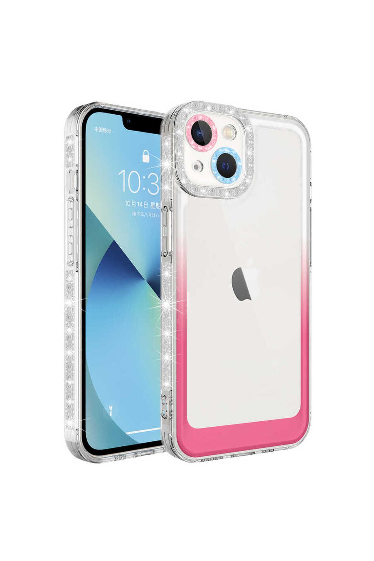 System Com iPhone 13 Uyumlu Simli ve Renk Geçiş Tasarımlı LSYS Korumalı SYS Park Kılıf-Beyaz-Pembe