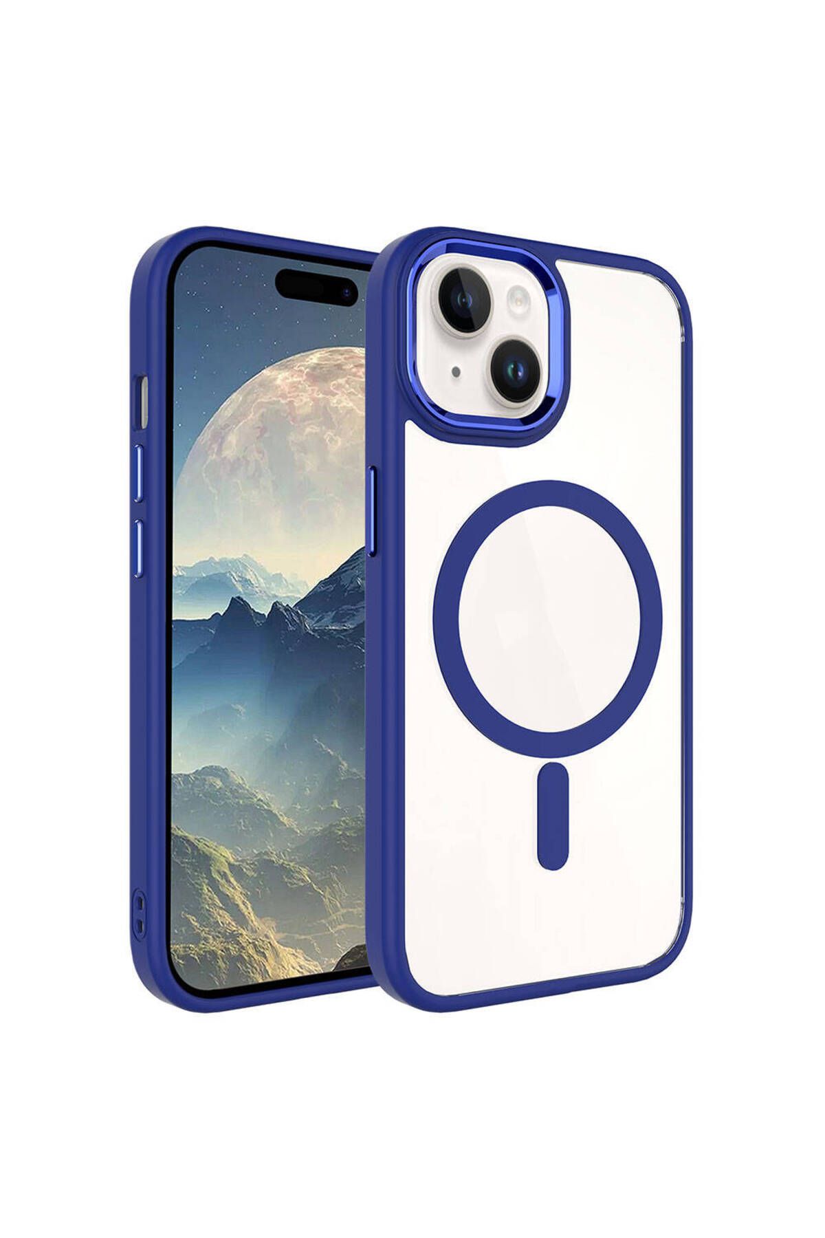 System Com iPhone 15 Plus Uyumlu Wireless Şarj Özellikli SYS Krom Magsafe Silikon Kılıf-Lacivert