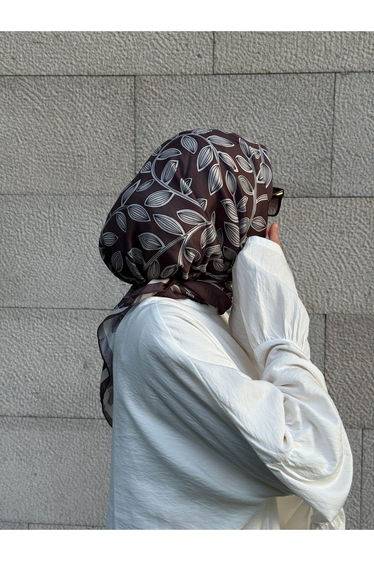 Qalortex Scarf Pamuklu Soft Yaprak Desen Eşarp-Kahve