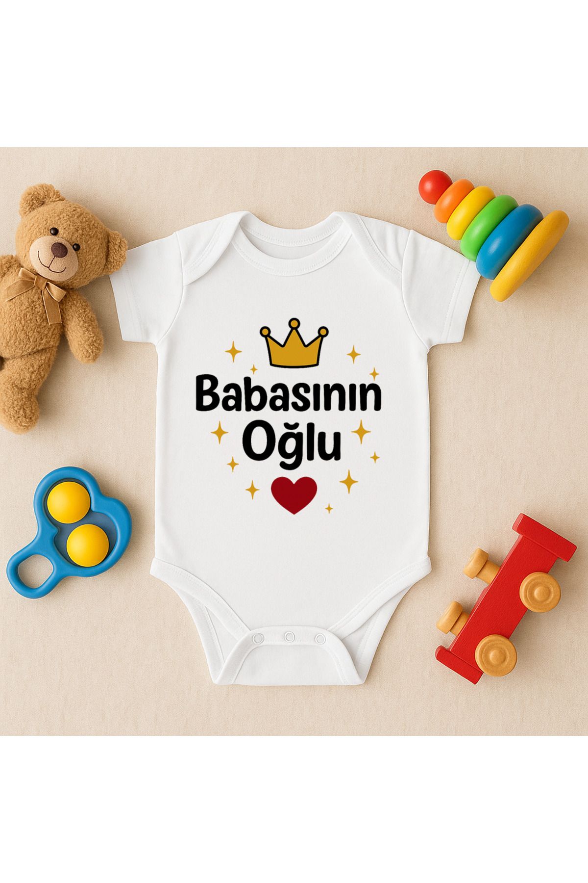 Magic Bravo %100 Pamuk Babasının Oğlu Baskılı Beyaz Bebek Çıtçıtlı Badi Zıbın Body