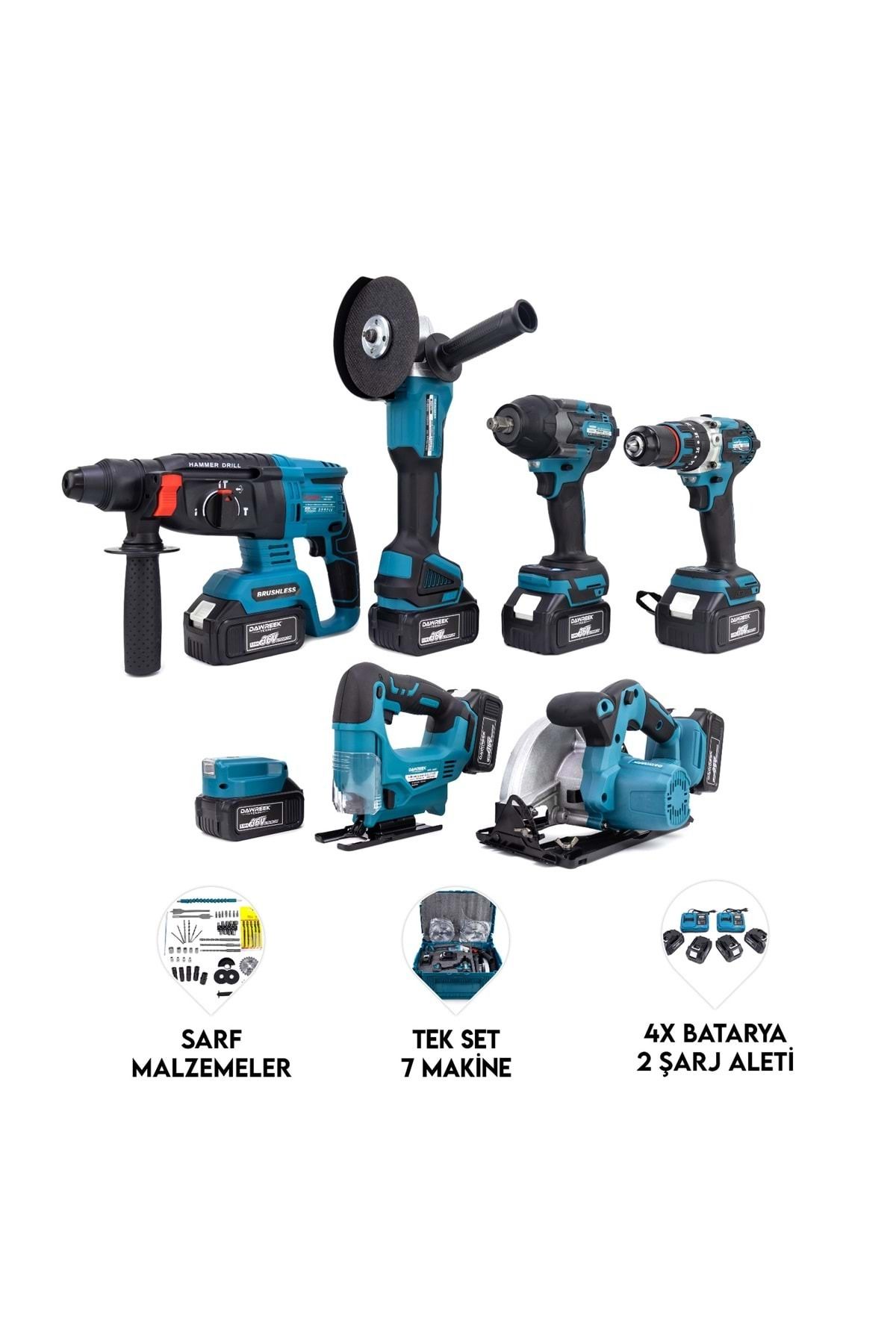 Dawreek YEDİLİ SET MK800 (POWERBANK&LED+ Ş.Hilti+Ş.spral+S.Sıkma+13mm Ç.Mandren+Ş.Dekupaj+Sunta Kesme)
