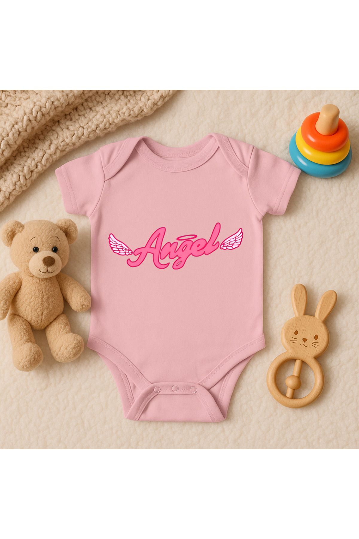 Magic Bravo %100 Pamuk Angel Baskılı Pembe Bebek Çıtçıtlı Badi Zıbın Body