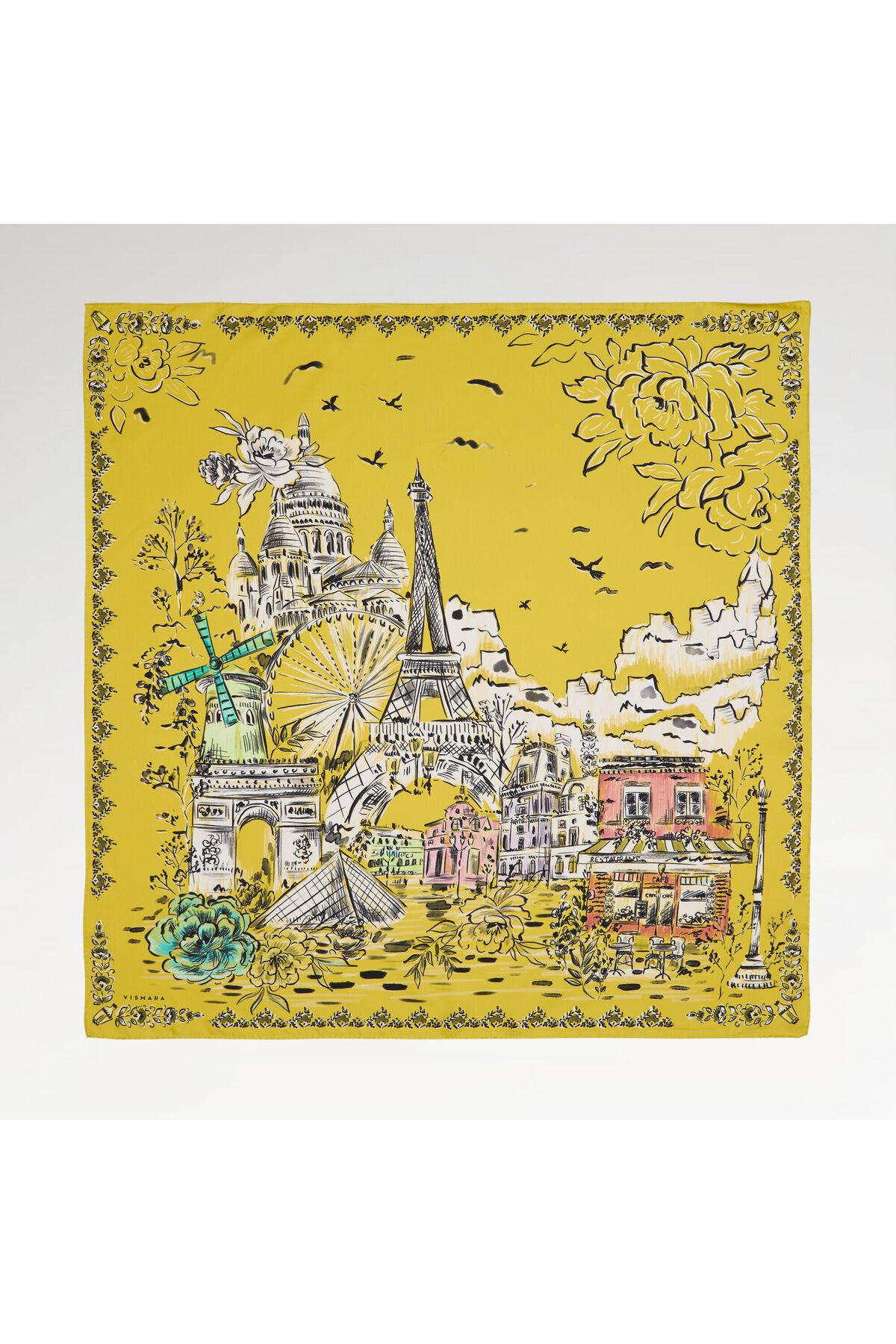 Vismara Sarı Parisien Desenli Twill İpek Eşarp