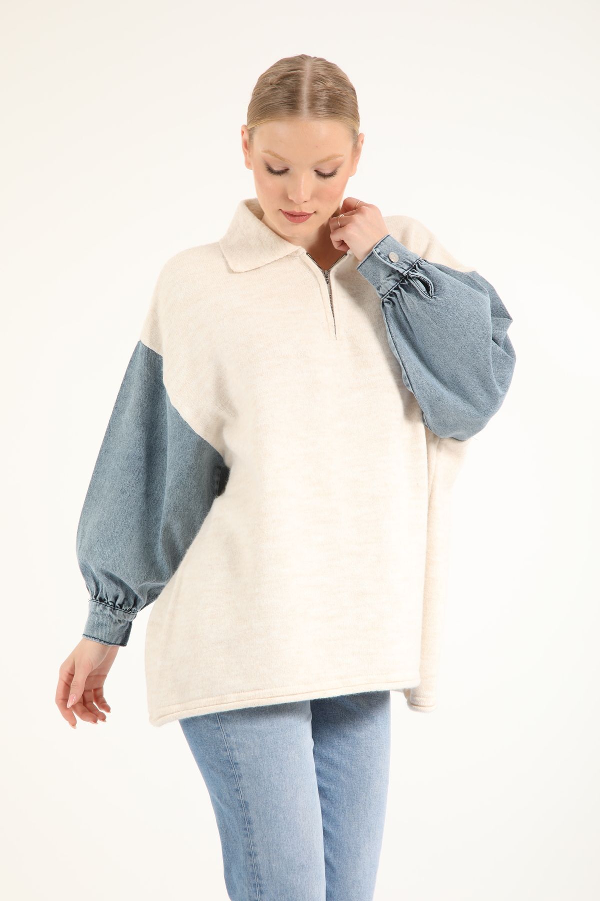 Suede Style 5319 - Triko Rahat, Salaş Kolu Kot Detaylı Kadın Sweatshirt