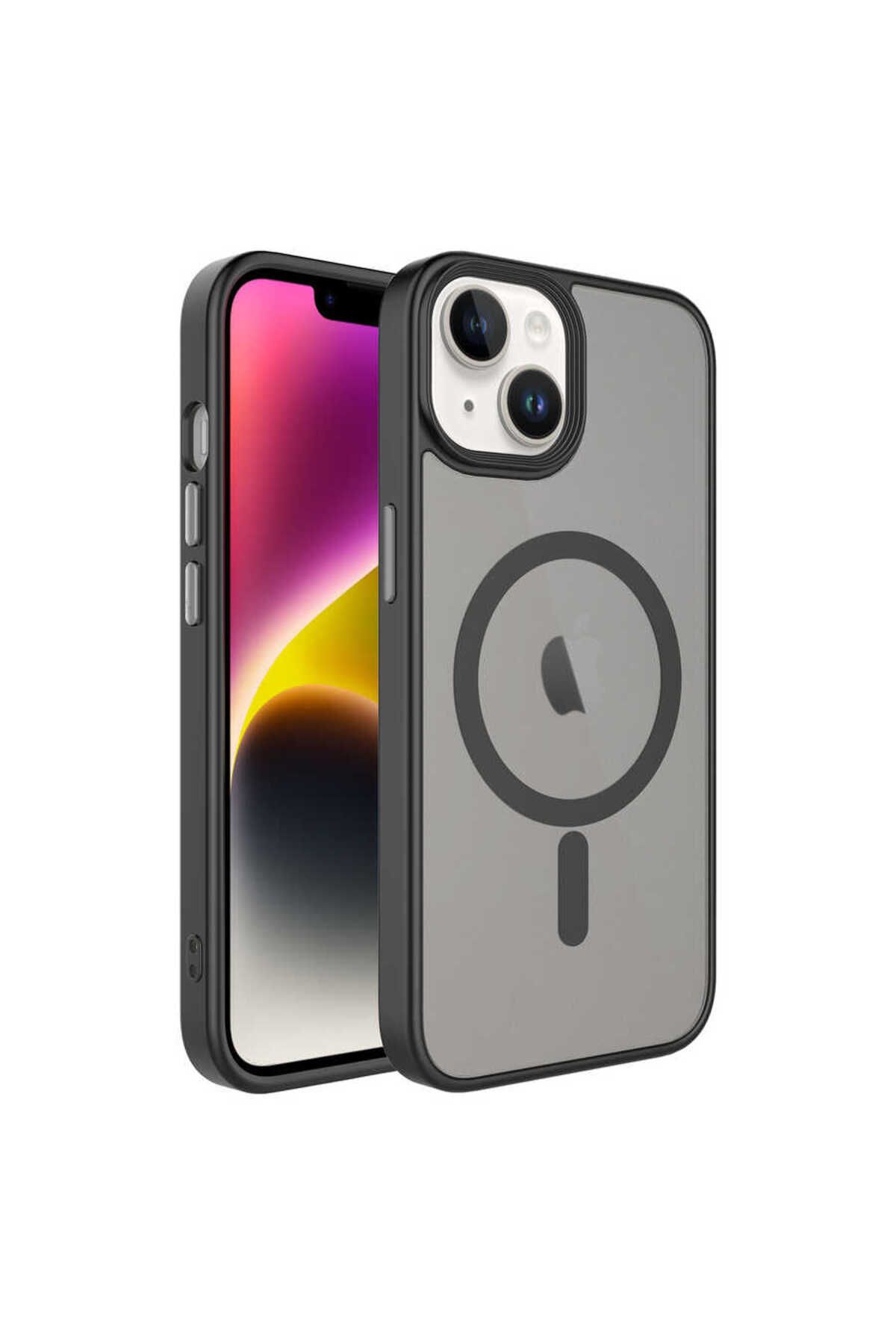 System Com iPhone 13 Uyumlu Mat Arka Yüzey Wireless Şarj Özellikli SYS Flet Magsafe Kılıf-Siyah