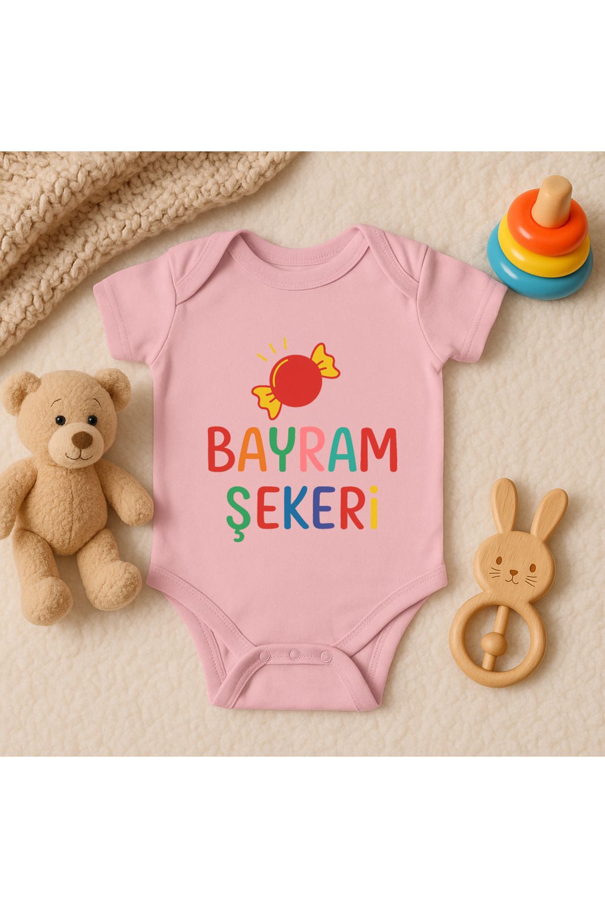 Magic Bravo %100 Pamuk Bayram Şekeri Baskılı Pembe Bebek Çıtçıtlı Badi Zıbın Body