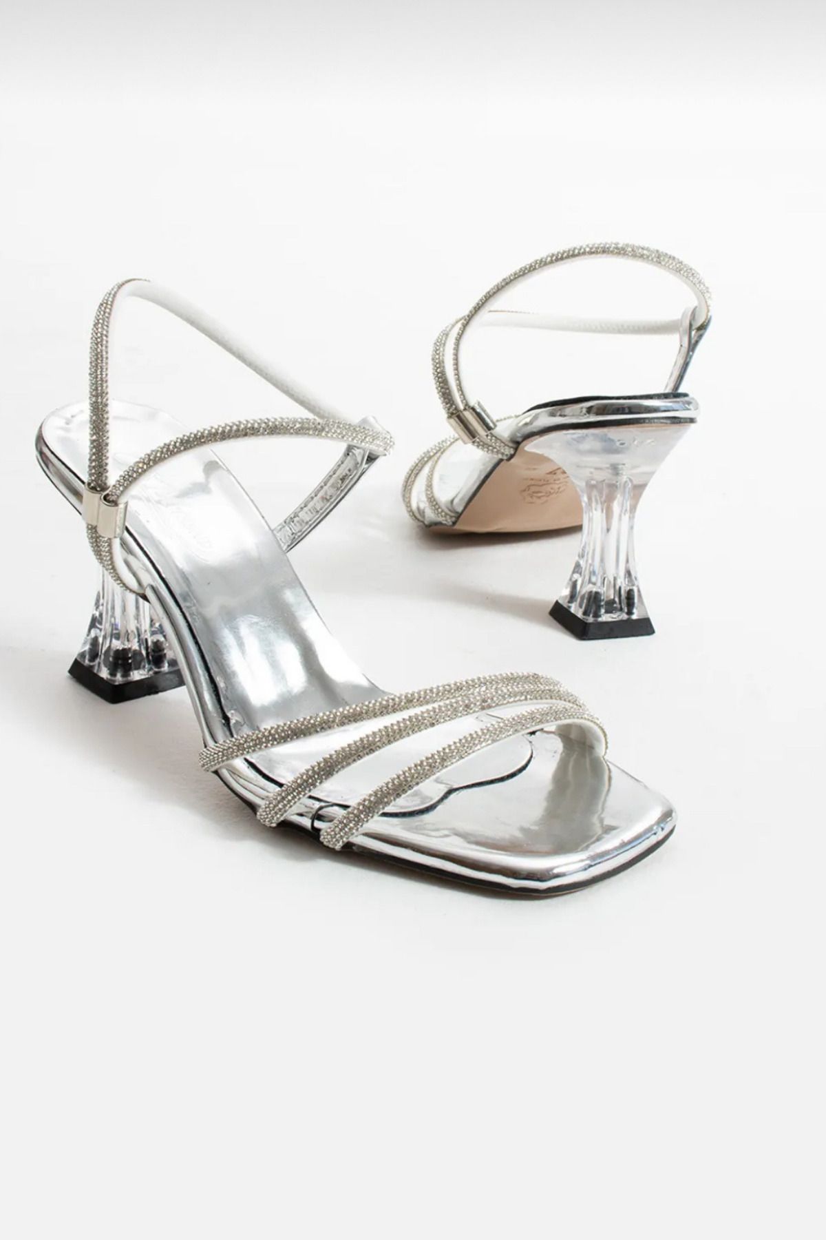 palatti shoes Kadın Gümüş Taşlı Şeffaf Topuklu Abiye Ayakkabı