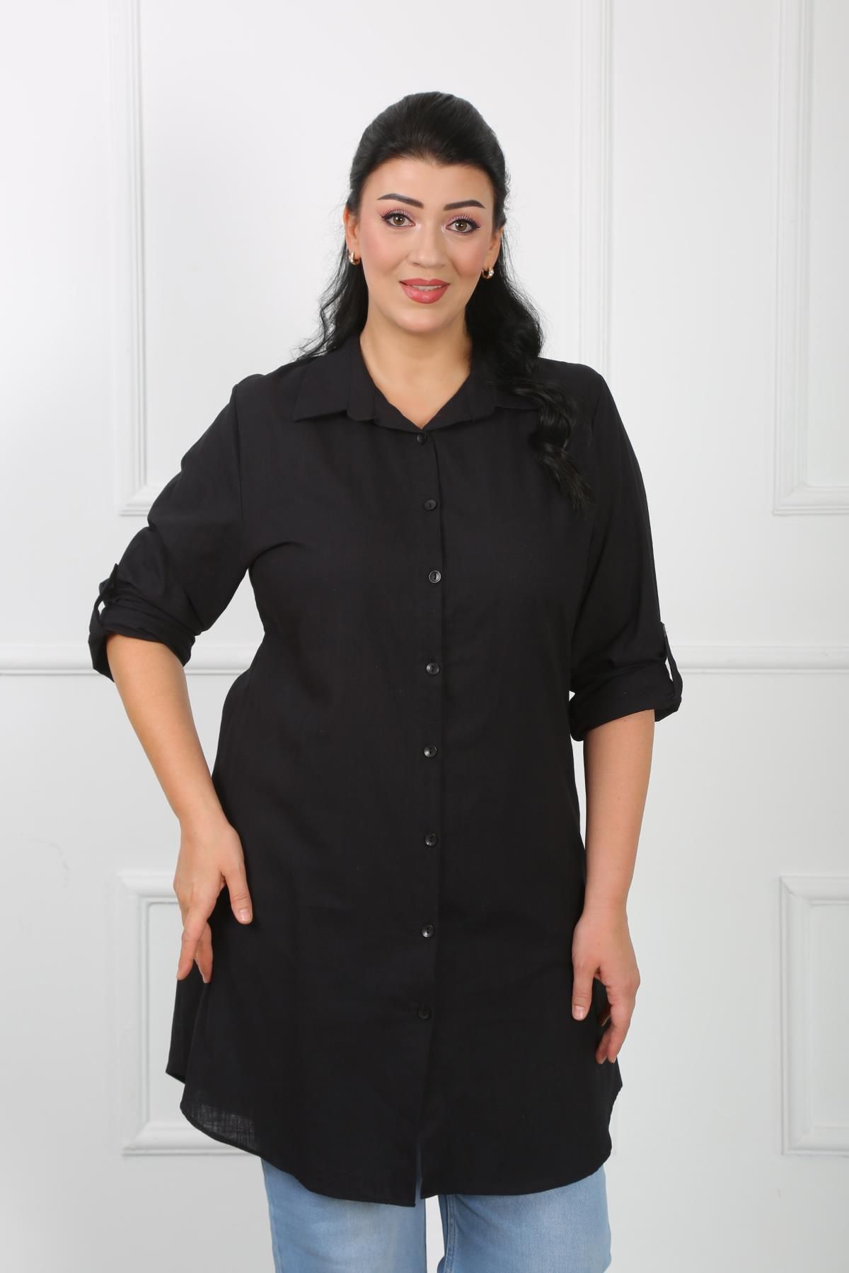 By Alba Collection Kadın Siyah Keten Büyük Beden Tunik