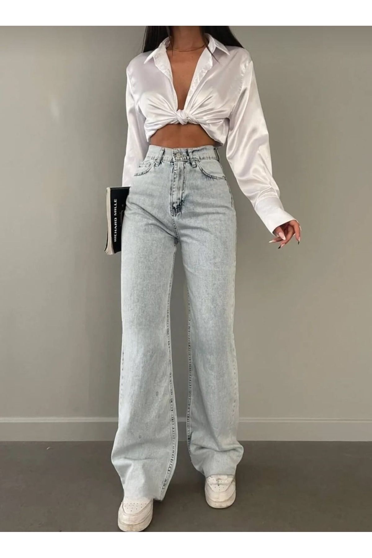 Trn JNS Elyesse 90's Power Likralı Solmaz Buz Kar Süper Yüksek Bel Salaş Jeans Palazzo Pantolon