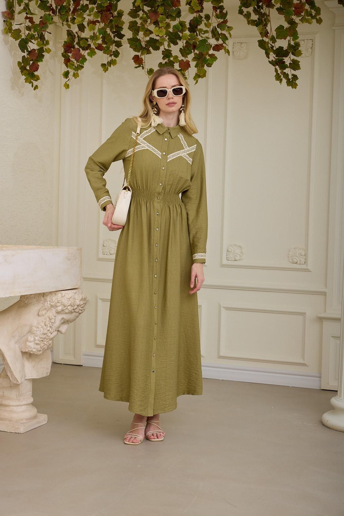 Moodbasic ŞERİT DETAYLI KETEN ELBİSE