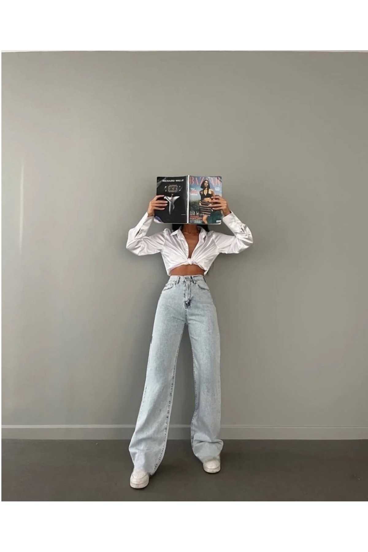 Trn JNS Дънки Elyesse 90's Power Lycra Fadeless Ice Snow със супер висока талия, ежедневни, Palazzo