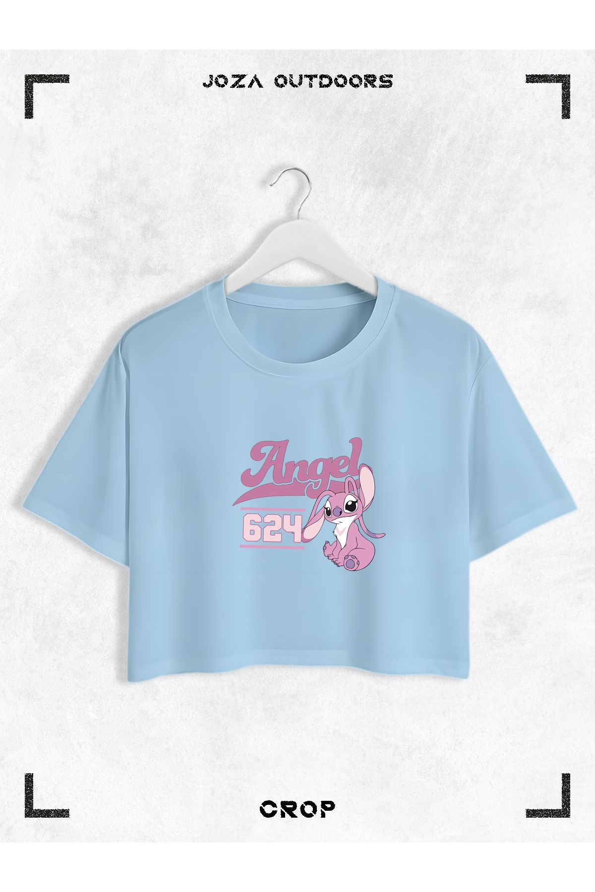 Jobia Outdoors Kadın Pamuklu Renkli Angel ve Stitch Baskılı Bisiklet Yaka Oversize Salaş Kesim Crop T-shirt