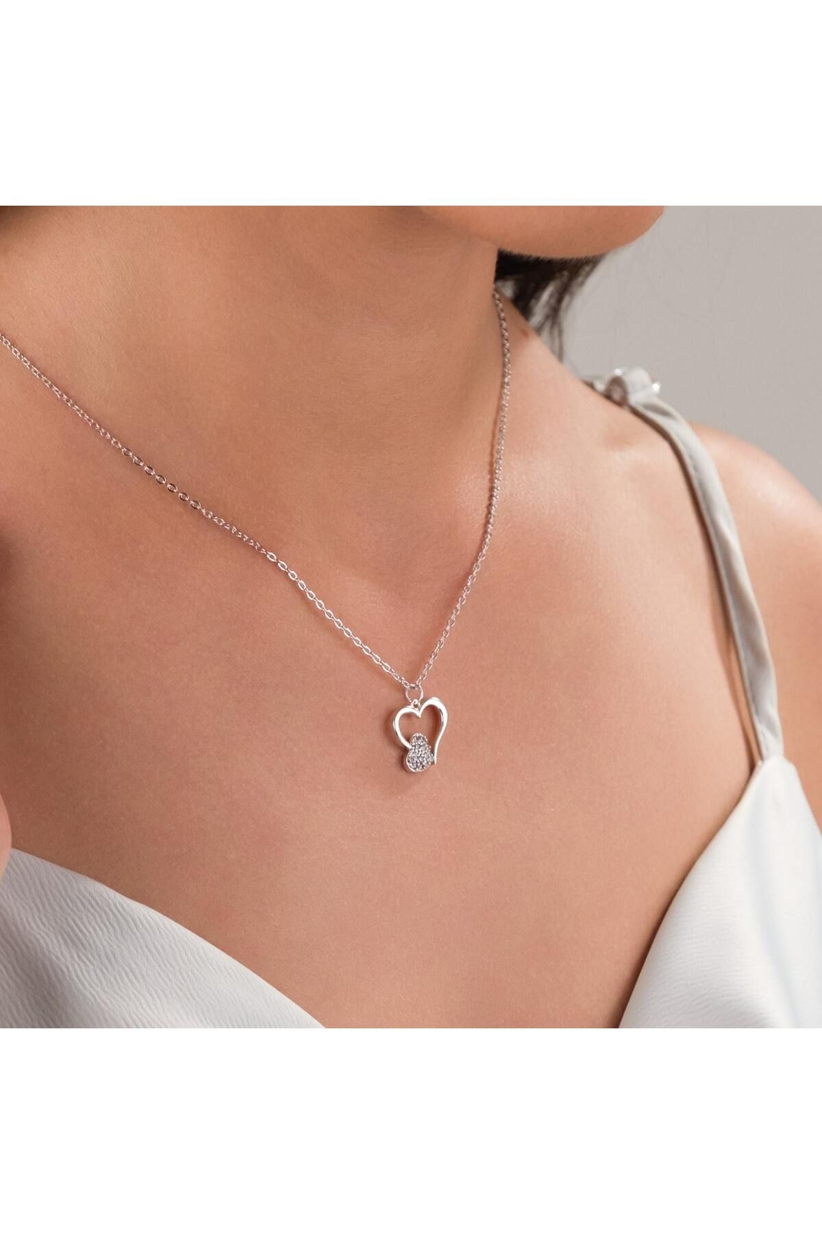 HOBİSY GIFT SHOP Çift Kalpli Zirkon Taşlı Çelik Kolye - Gümüş Renk - Kararmaz Zarif Tasarım