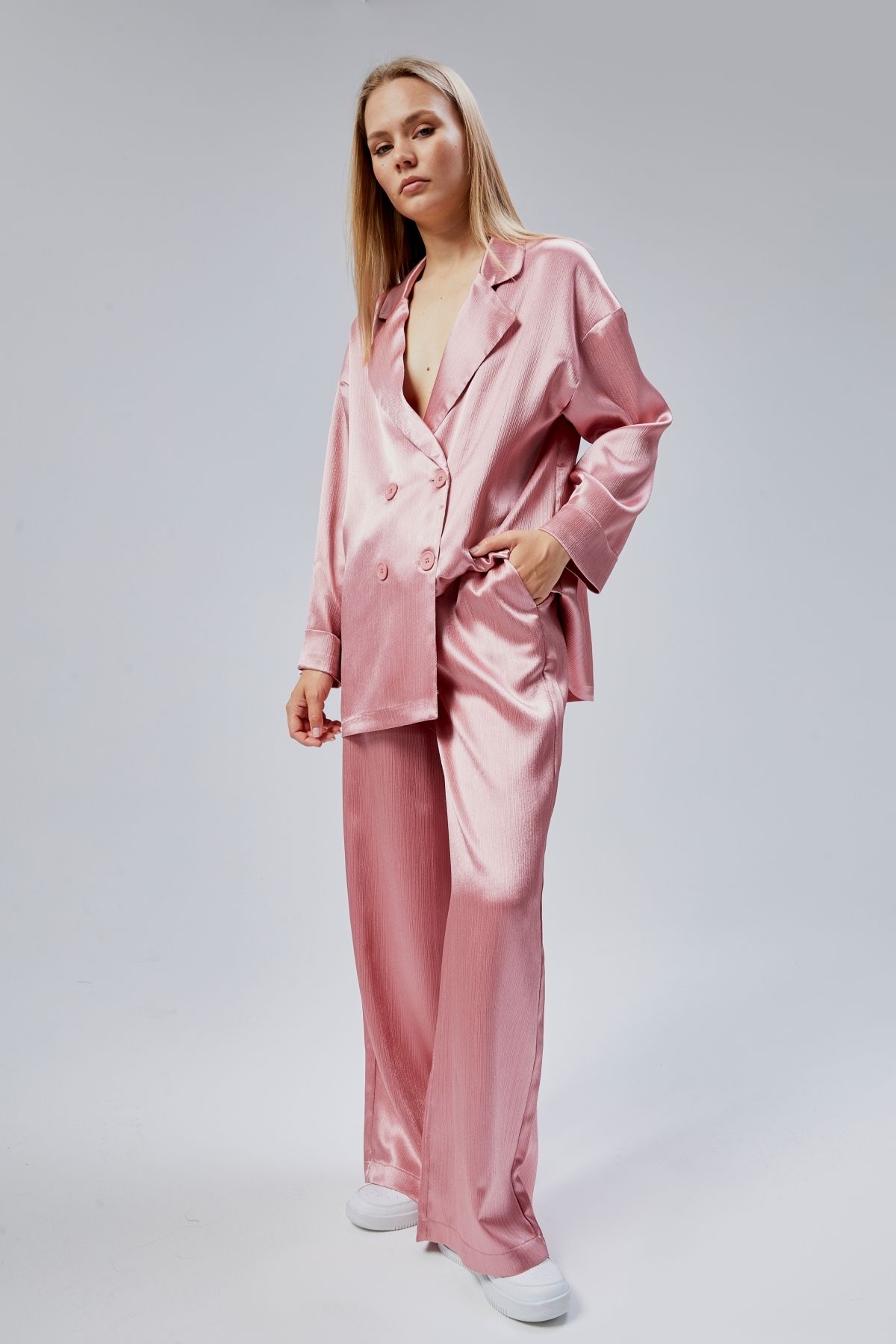 Bolivente Pembe Oversize Saten Takım