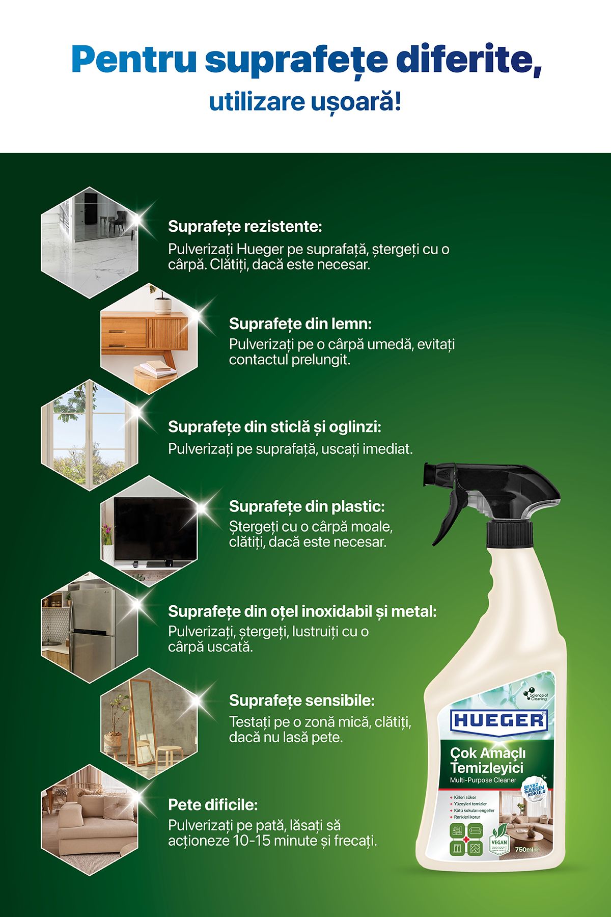 Hueger-Detergent Vegan Multi-funcțional, Spumă & Pulverizator, Cu Parfum De Săpun Alb, 750 ml 4