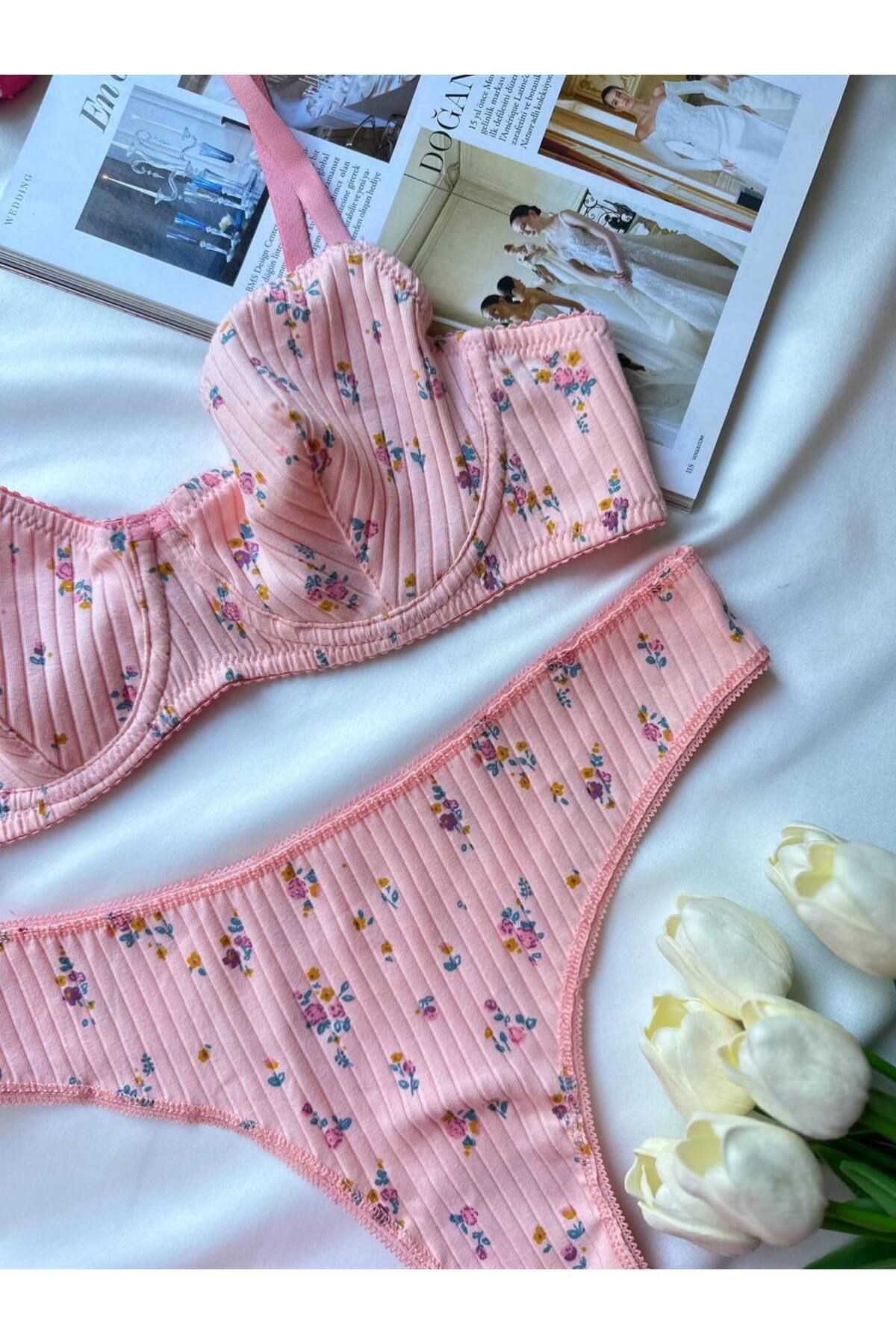 Tatty Underwear Desenli Pamuklu Balenli Sütyen Takımı
