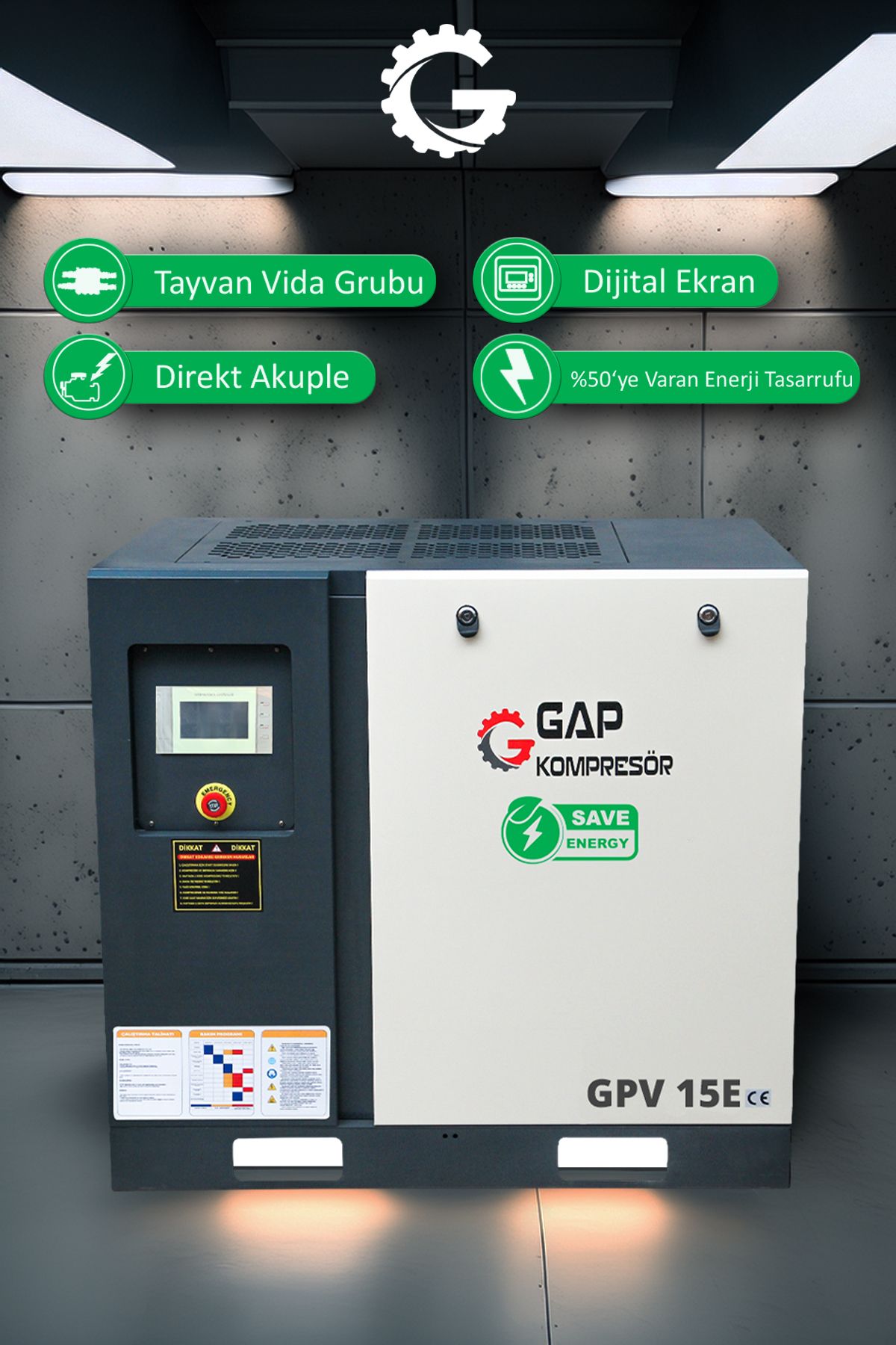 GAP KOMPRESÖR İnvertörlü Vidalı Hava Kompresörü 15Hp 500Lt GPV15E