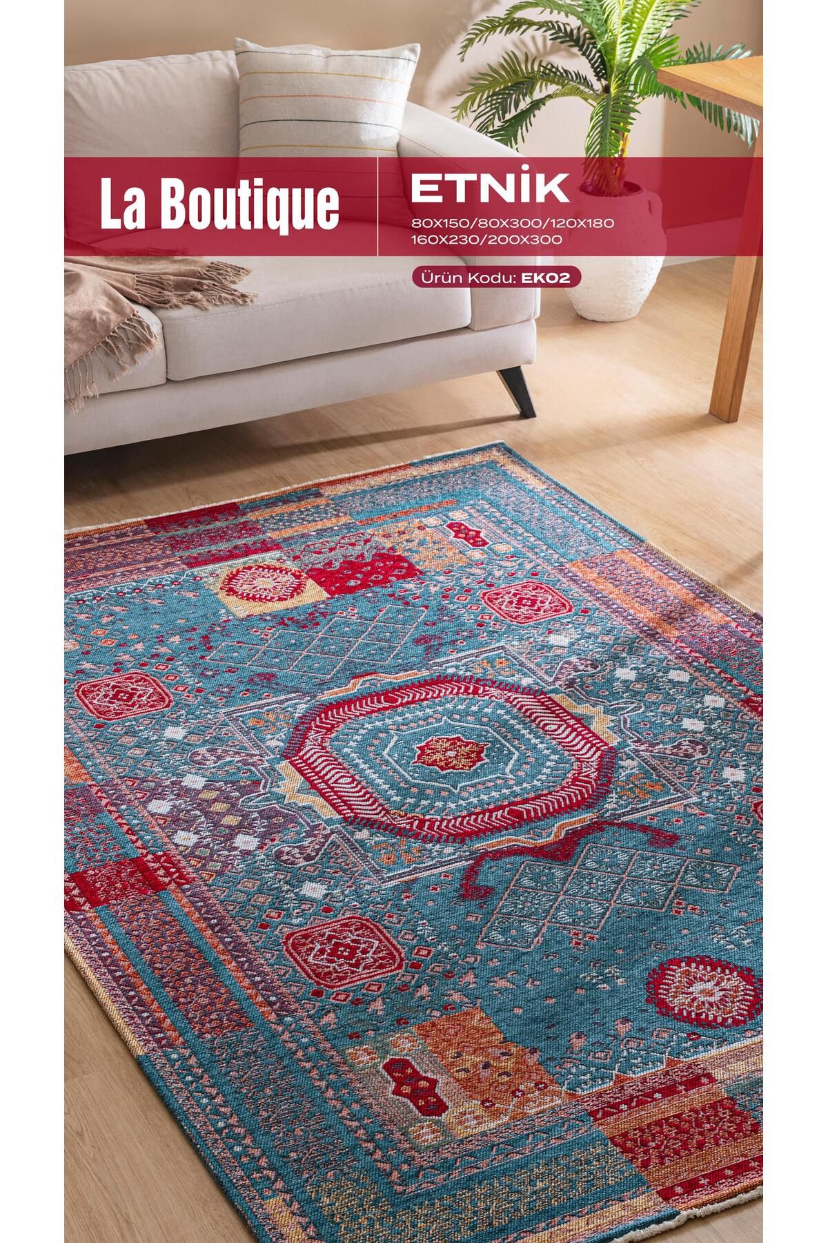 La Boutique BB ETNİK EK02 Kaymaz Tabanlı Etnik Kilim – Saçaklı Boho Stil Dekoratif Kilim