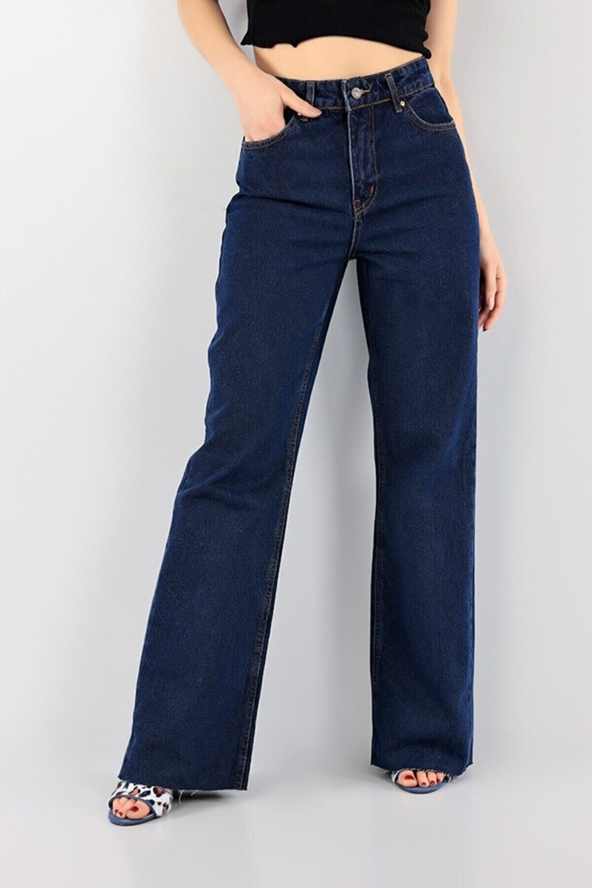 Trn JNS Camelia 90's Power Likralı Solmaz Koyu Mavi Süper Yüksek Bel Salaş Jeans Palazzo Pantolon