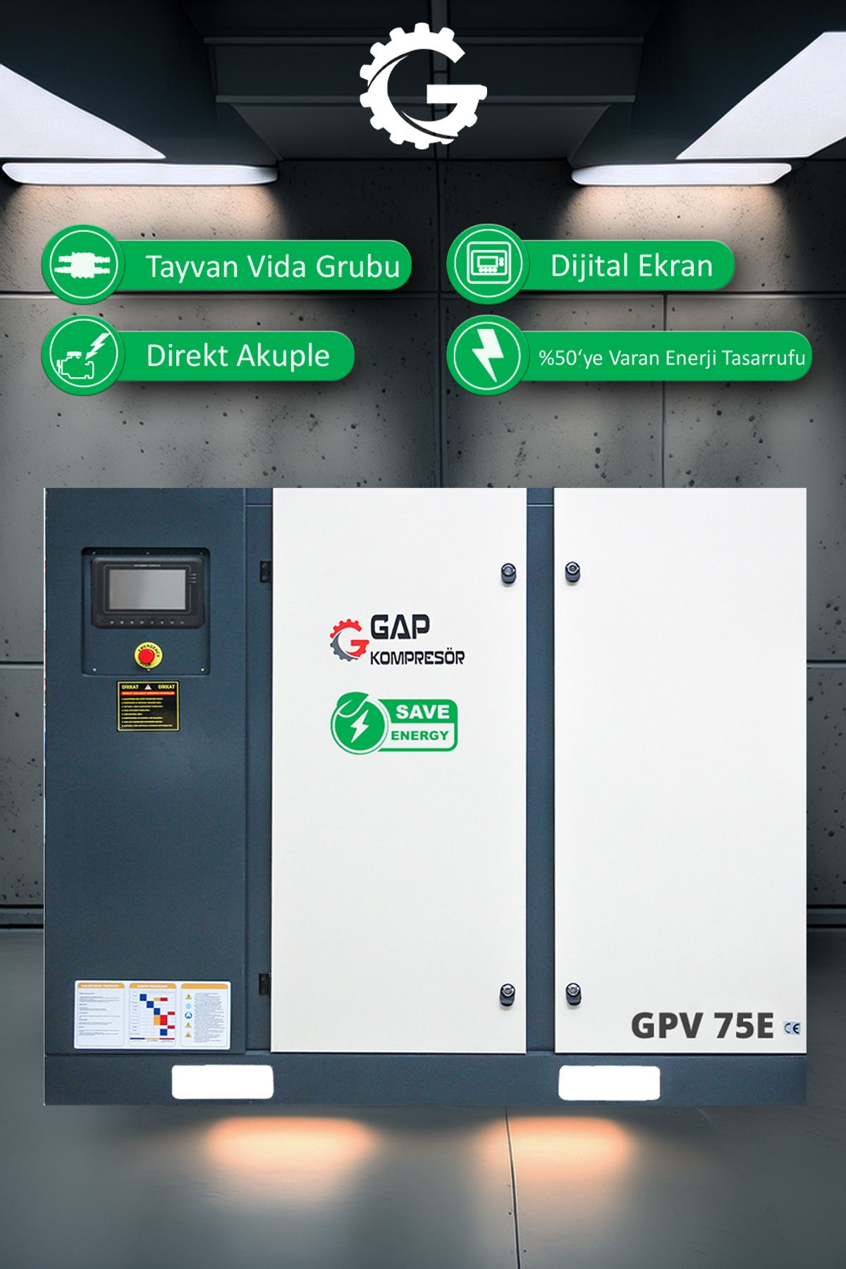 GAP KOMPRESÖR İnvertörlü Vidalı Hava Kompresörü 75Hp 2000Lt GPV75E