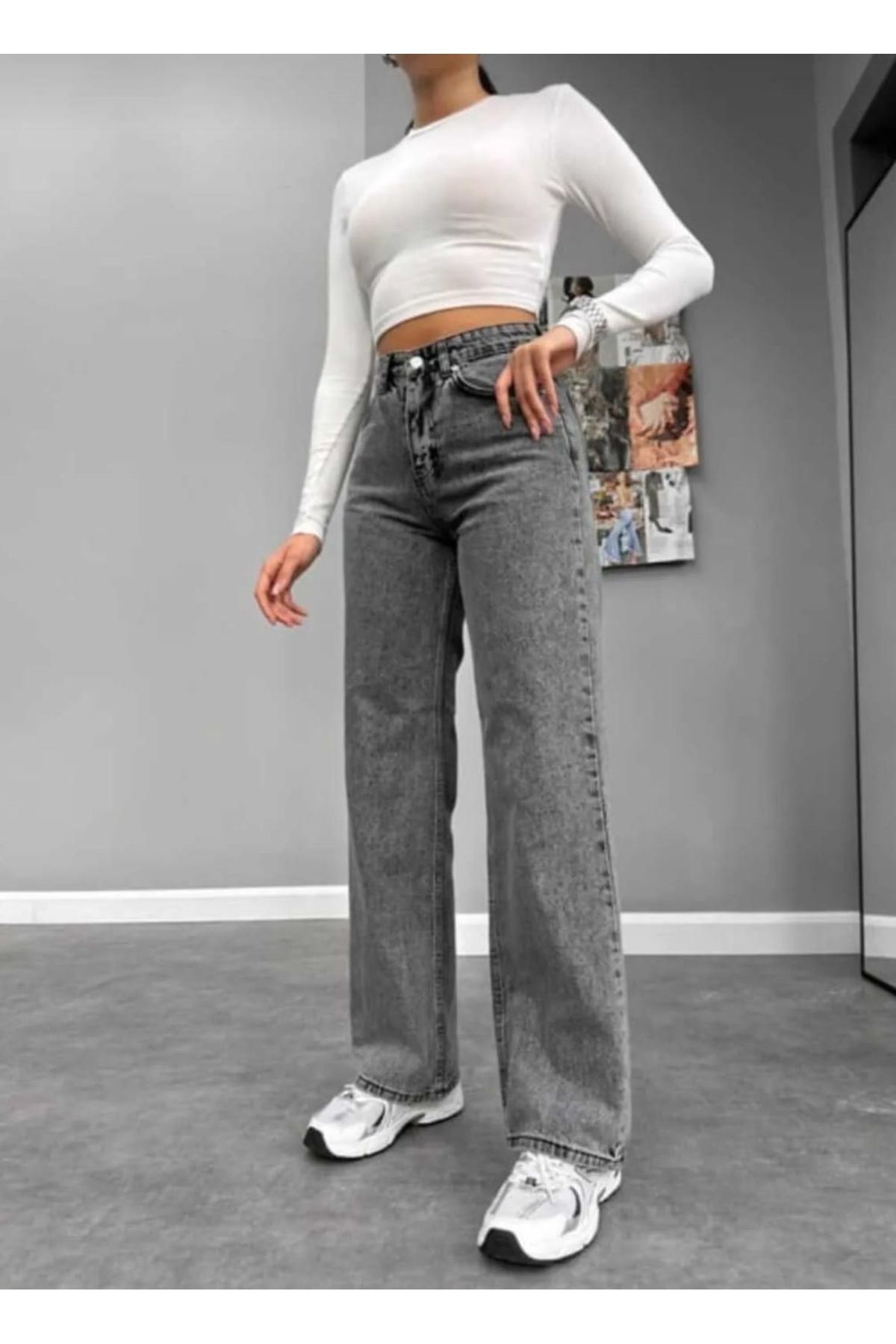 Trn JNS Füme Power Likralı Süper Yüksek Bel Salaş Jeans Palazzo Pantolon