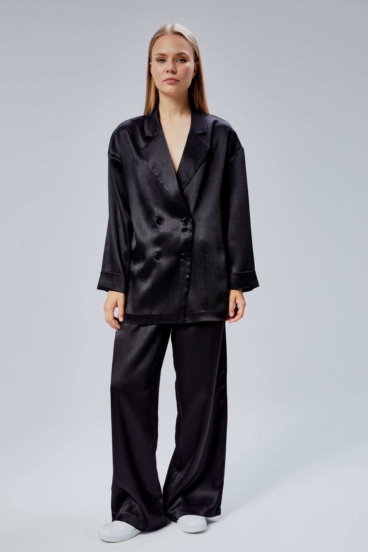 Bolivente Siyah Oversize Saten Takım