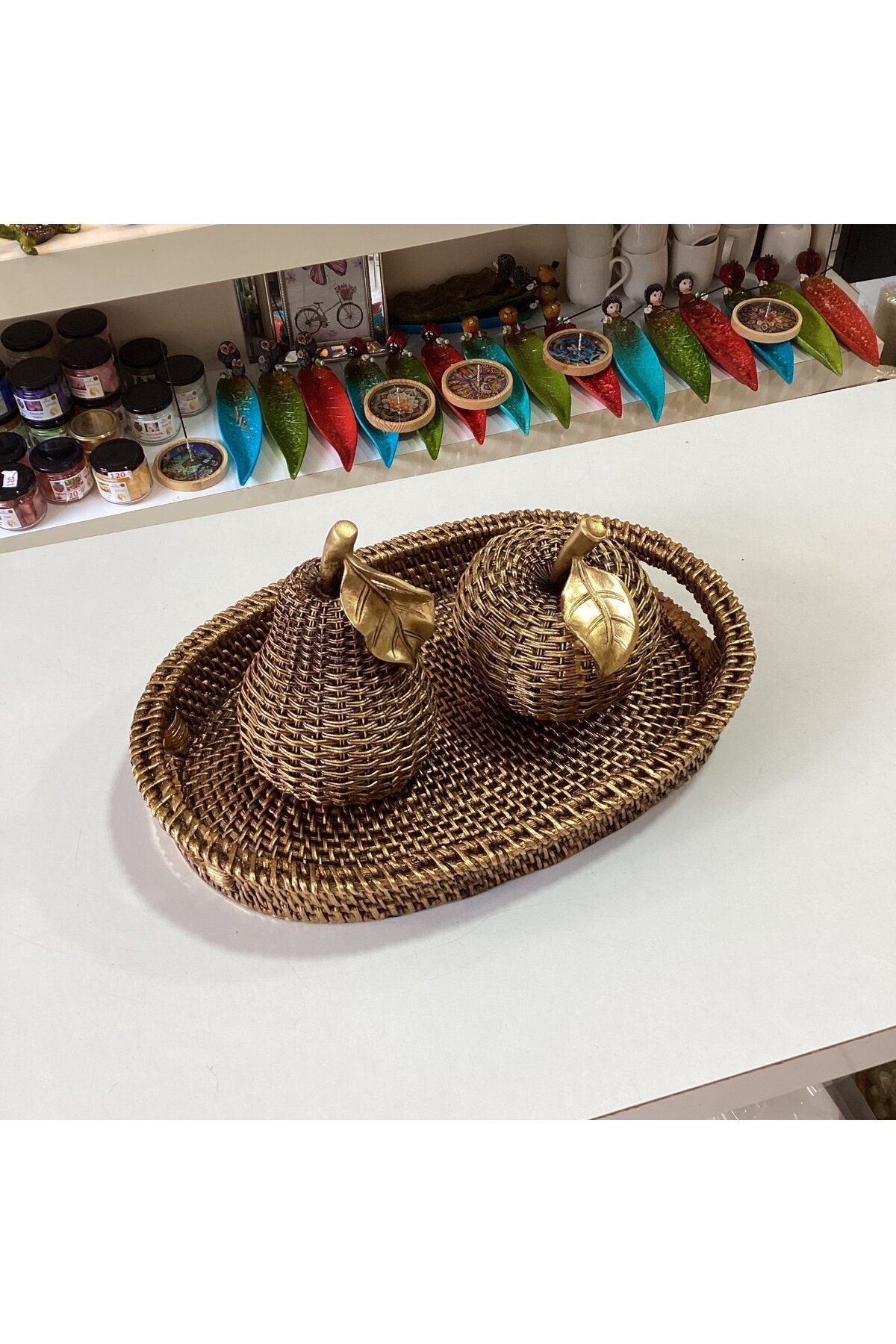 Gold home design Hasır Görünümlü Polyester Elma Armut Tepsi Set Altın Renk