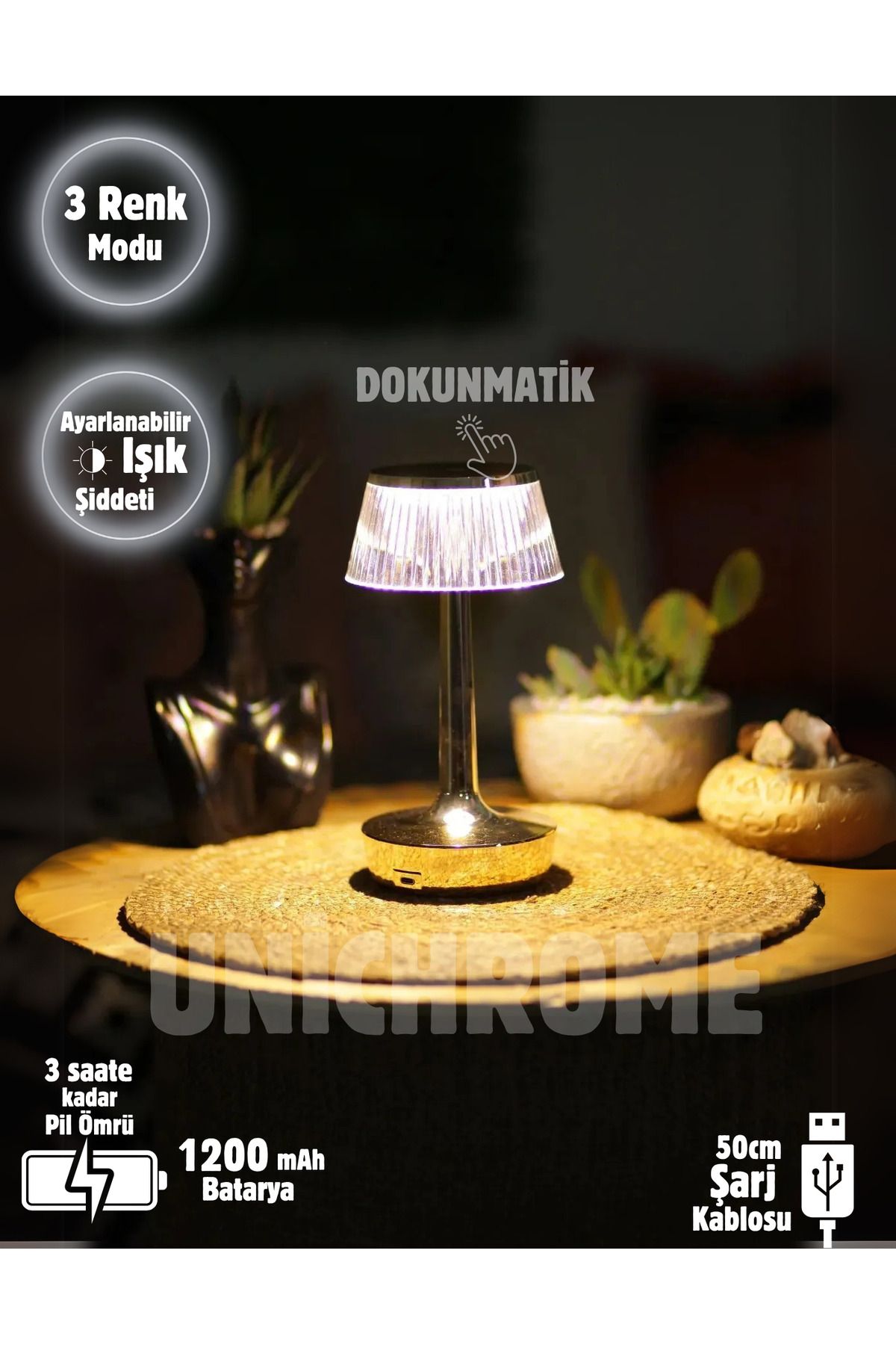 Folveit 3 Işık Renkli Şarjlı Masa Lambası Dim Edilebilir Gold Metal Görünümlü Gece Lambası