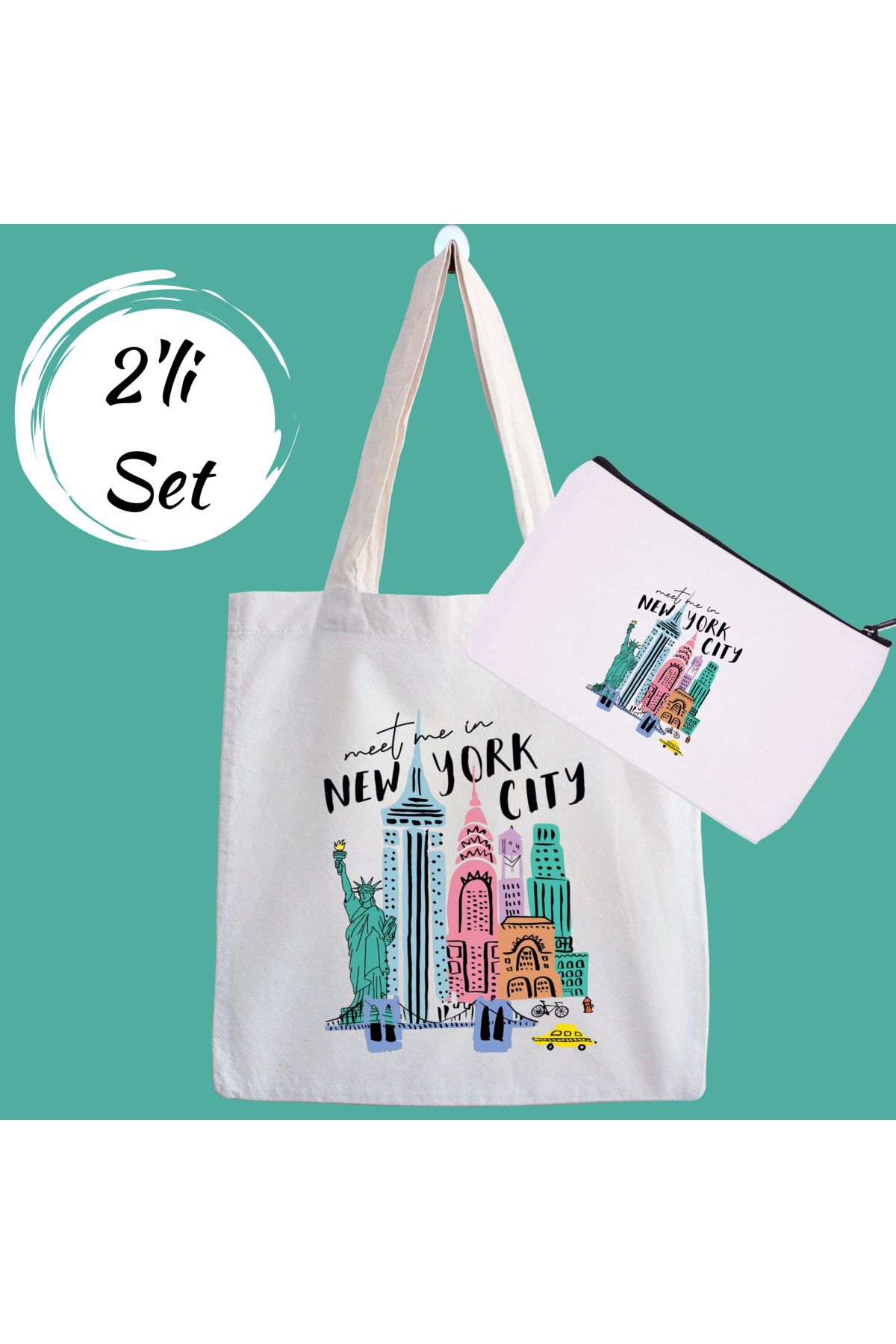 designedfy New York City Kampanyalı 2'li Bez Çanta ve Makyaj Çantası Seti