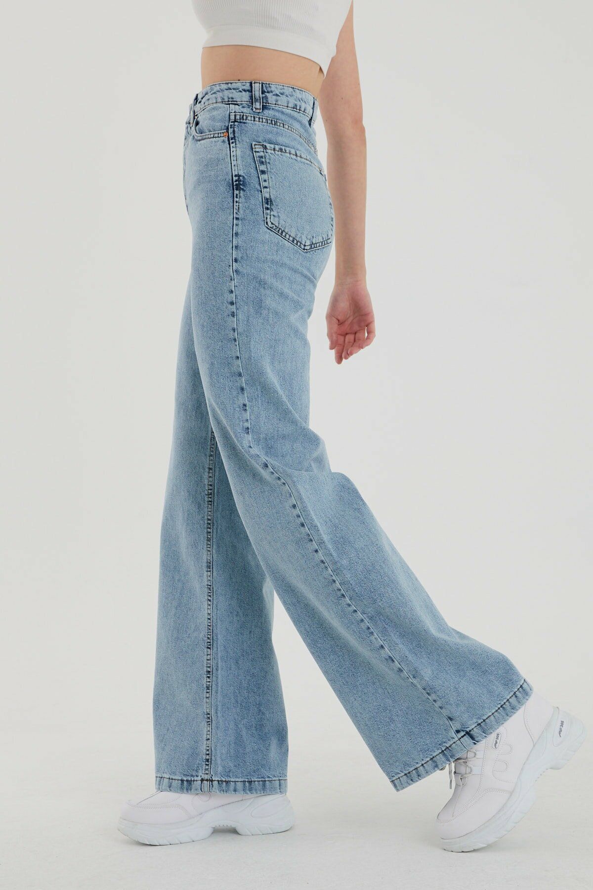 Trn JNS 90's Power Likralı Solmaz Süper Yüksek Bel Açık Kar Yıkama Jeans Palazzo Pantolon